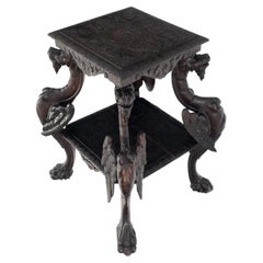 Heavily Carved Japanese Asian Dragon Motive Heavily Carved Two Tier Stand Table