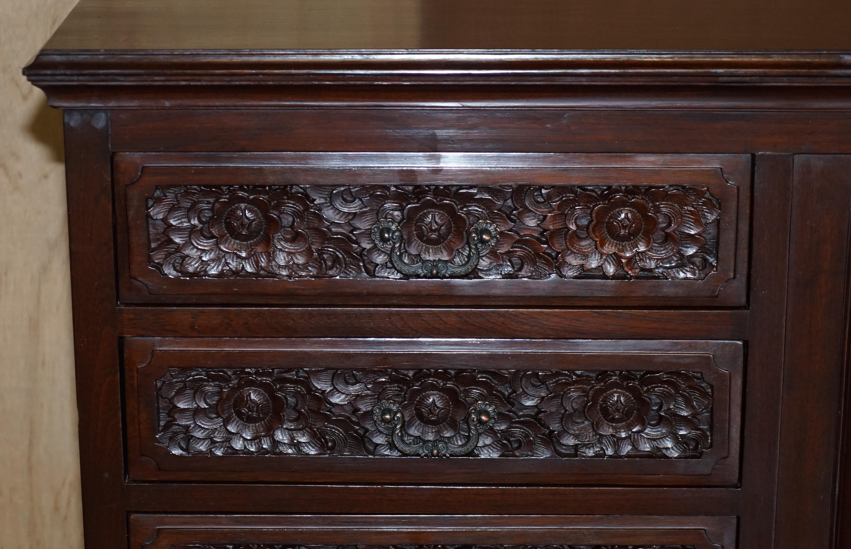 Heavily Carved Large Indian Hardwood Sideboard with Flowers & Peacock Decortion For Sale 4