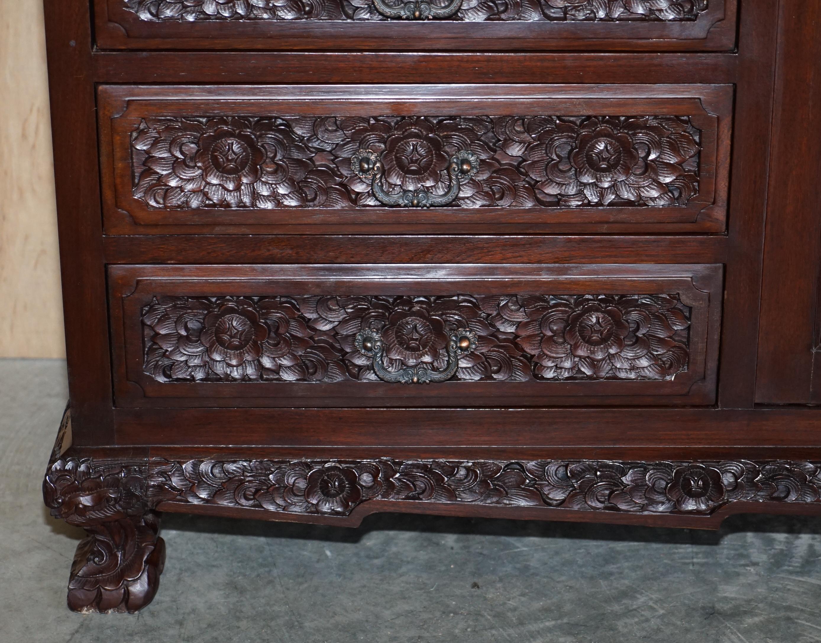 Heavily Carved Large Indian Hardwood Sideboard with Flowers & Peacock Decortion For Sale 5