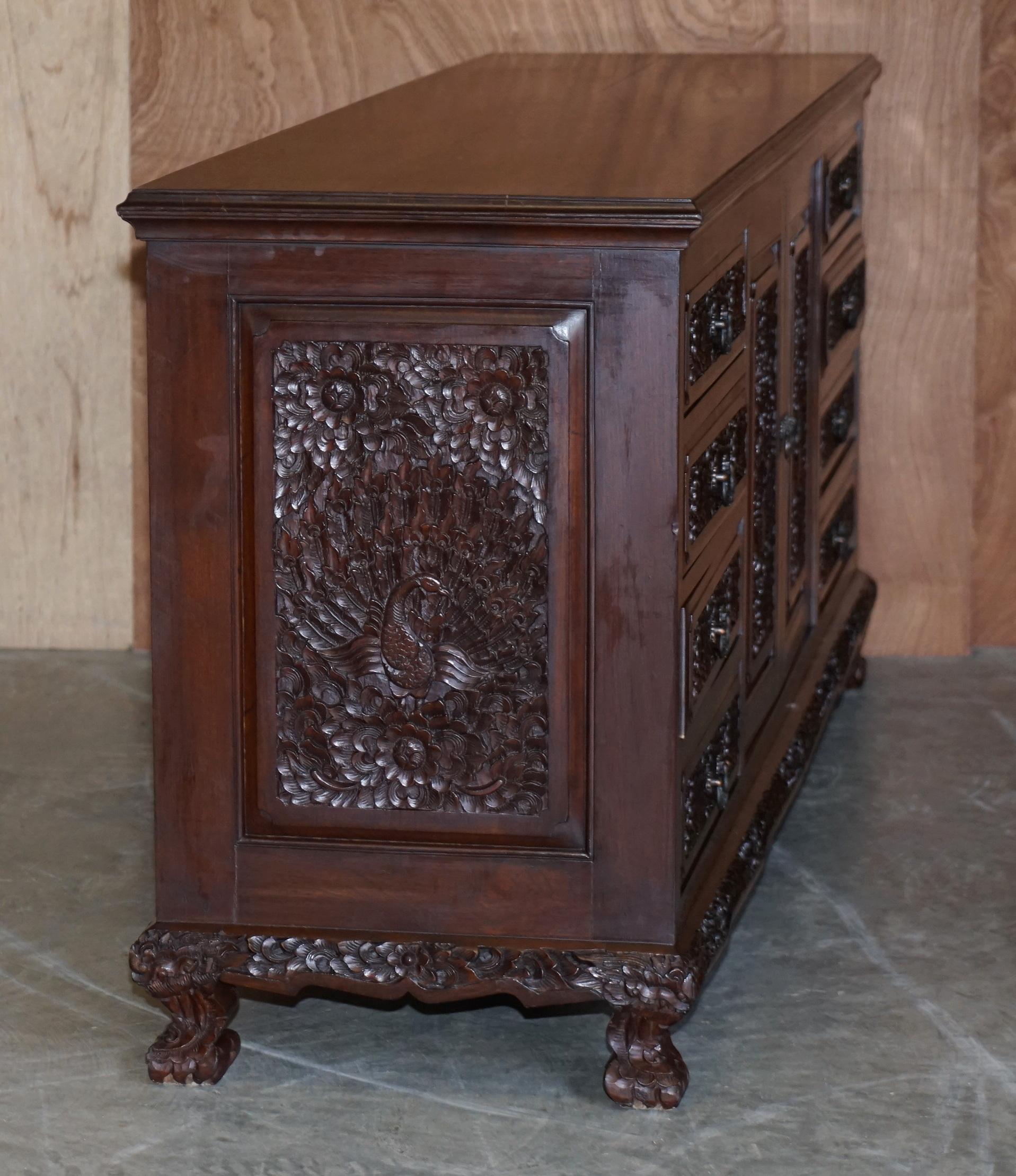 Heavily Carved Large Indian Hardwood Sideboard with Flowers & Peacock Decortion For Sale 7
