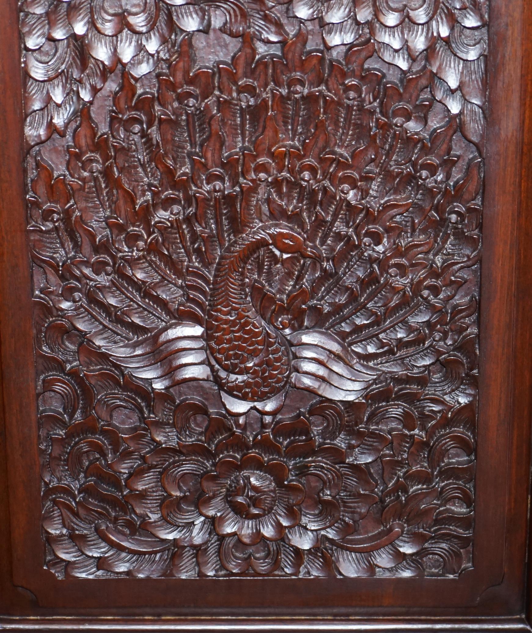 Heavily Carved Large Indian Hardwood Sideboard with Flowers & Peacock Decortion For Sale 9