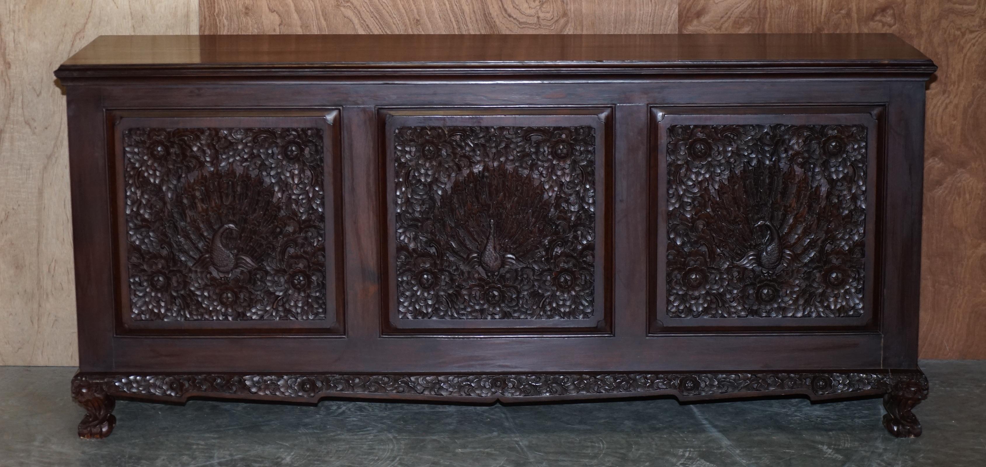 Heavily Carved Large Indian Hardwood Sideboard with Flowers & Peacock Decortion For Sale 10