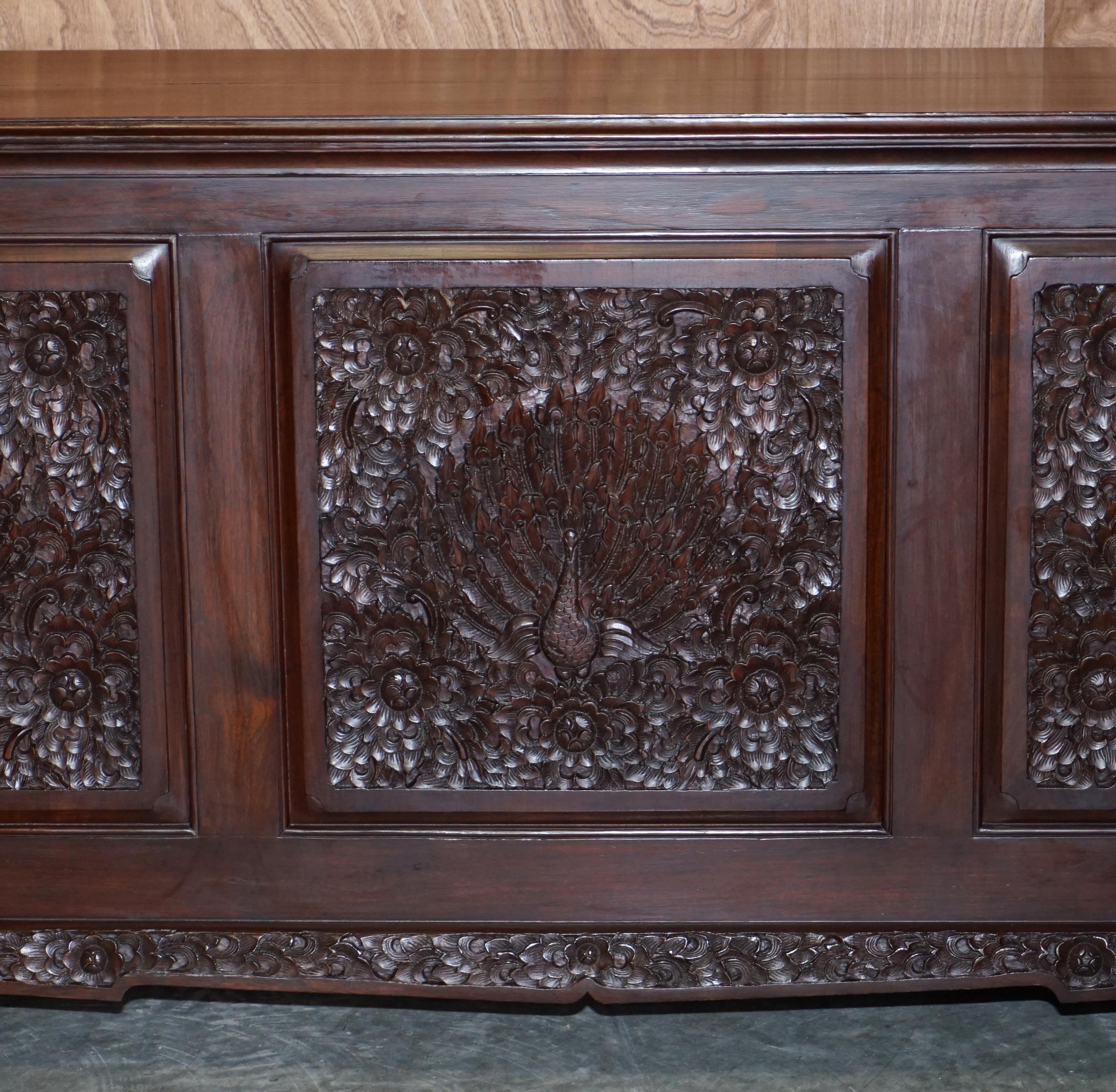 Heavily Carved Large Indian Hardwood Sideboard with Flowers & Peacock Decortion For Sale 11
