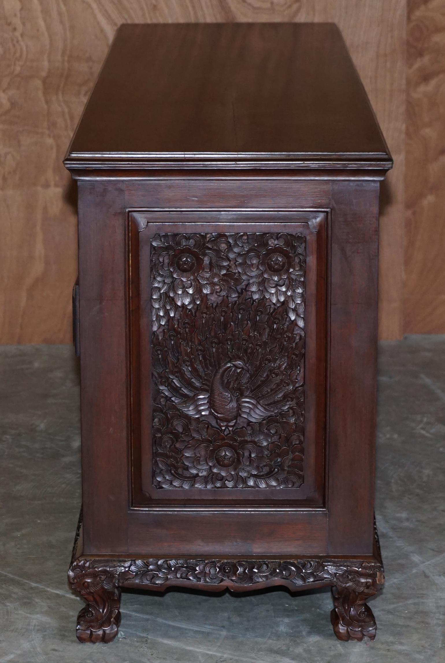 Heavily Carved Large Indian Hardwood Sideboard with Flowers & Peacock Decortion For Sale 12