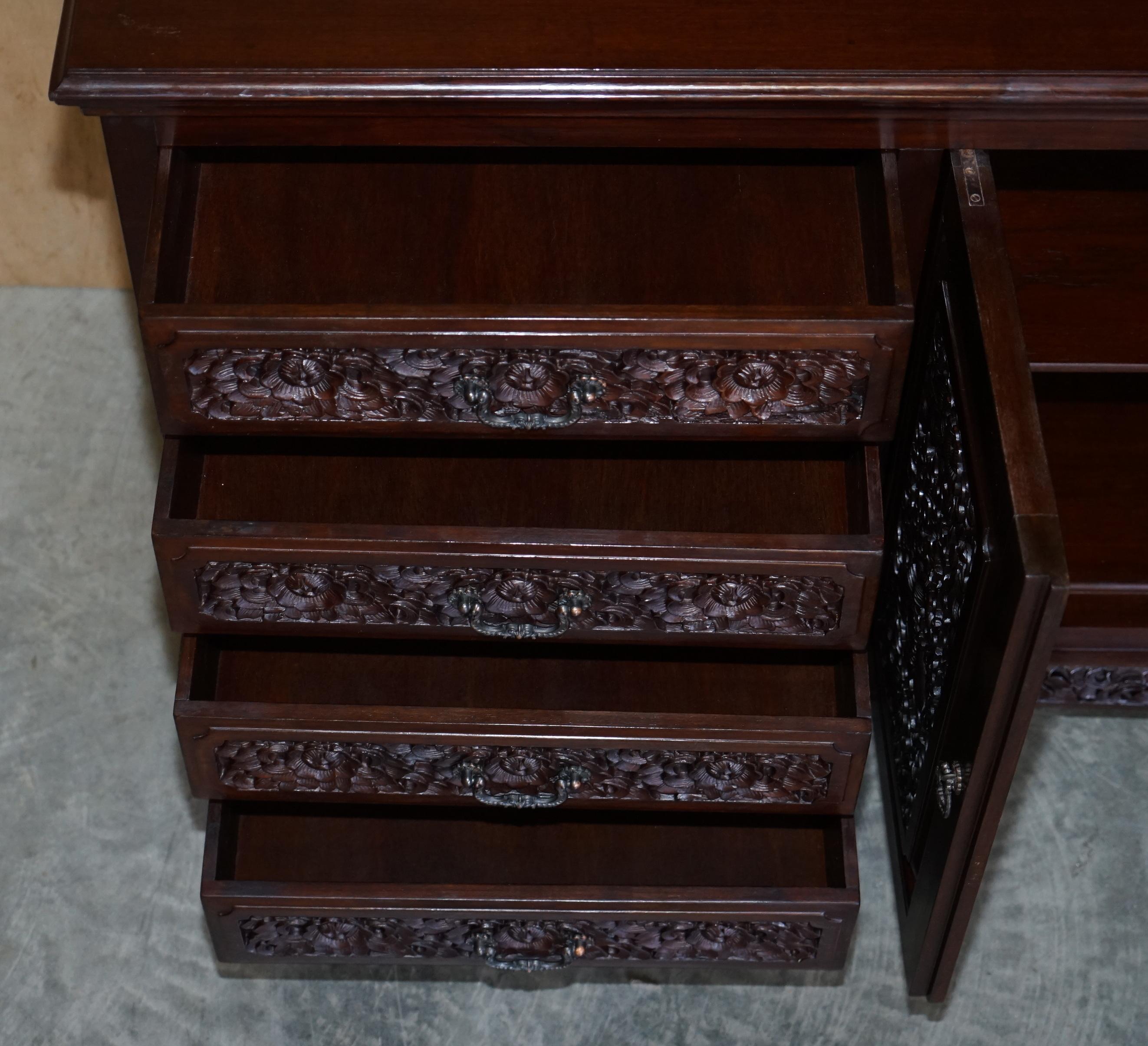 Heavily Carved Large Indian Hardwood Sideboard with Flowers & Peacock Decortion For Sale 14