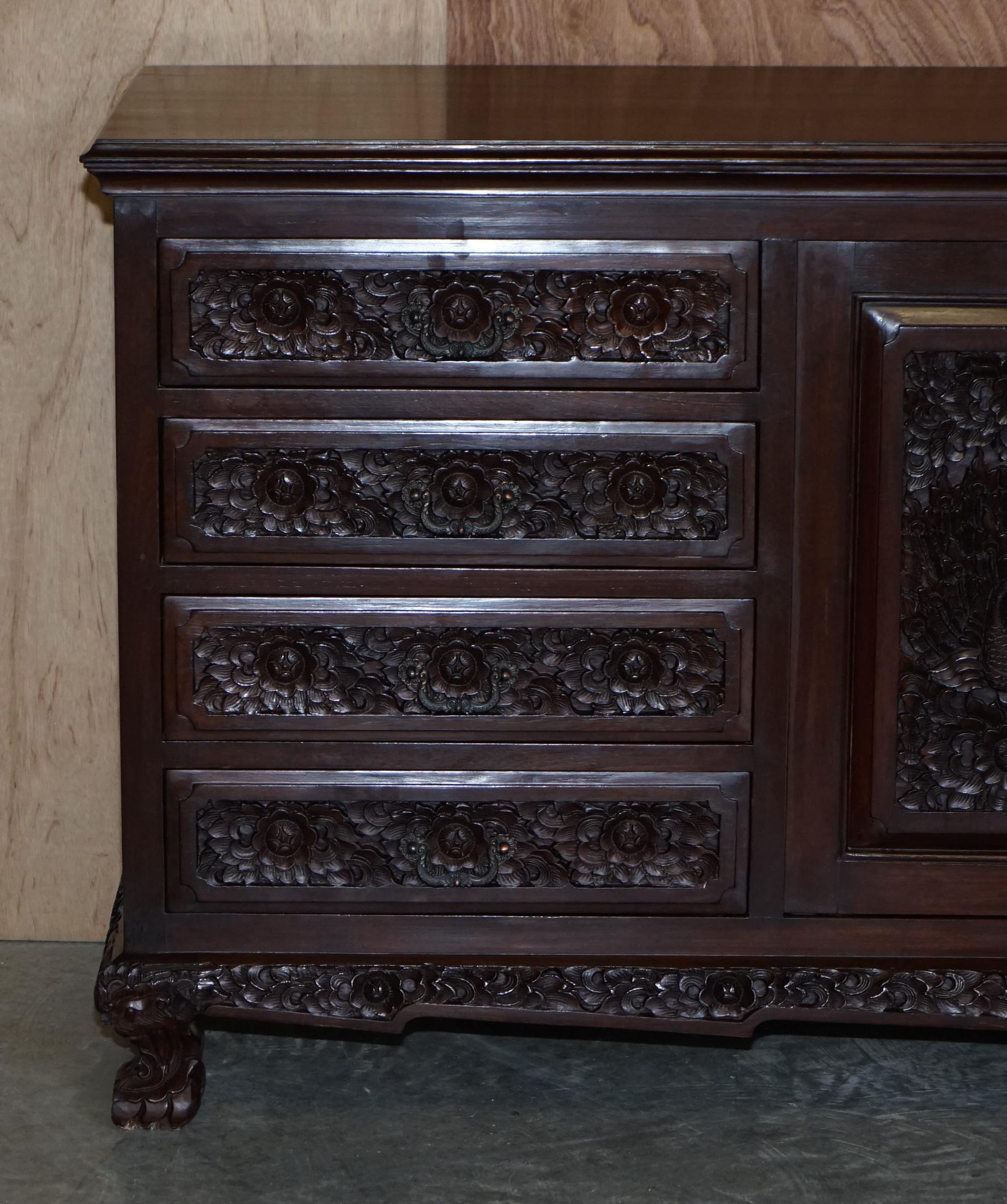 Victorian Heavily Carved Large Indian Hardwood Sideboard with Flowers & Peacock Decortion For Sale