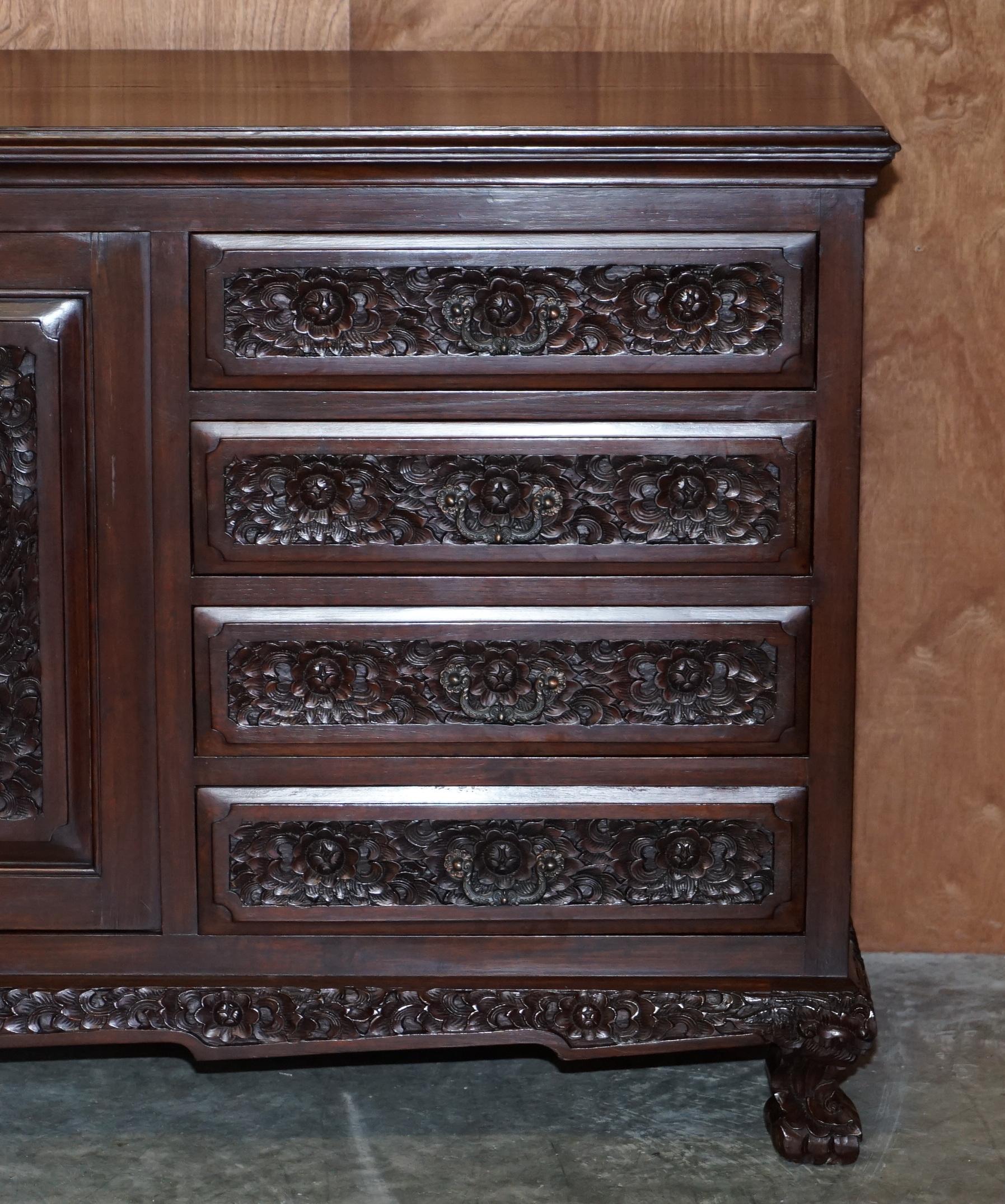 Hand-Crafted Heavily Carved Large Indian Hardwood Sideboard with Flowers & Peacock Decortion For Sale