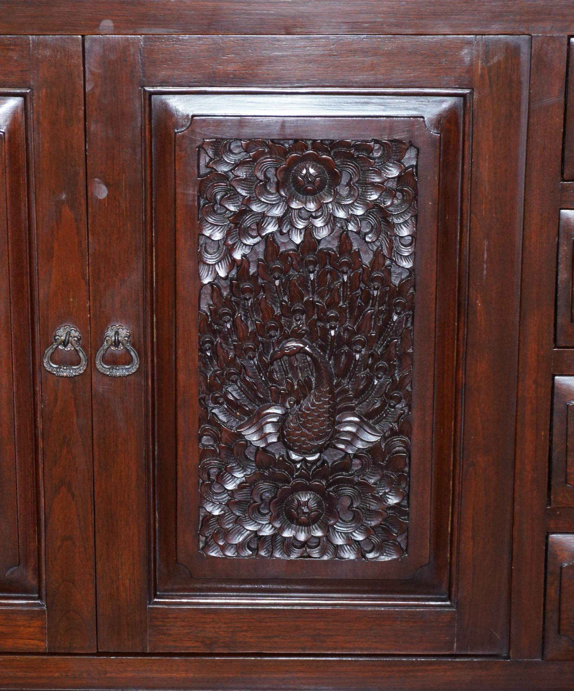 Heavily Carved Large Indian Hardwood Sideboard with Flowers & Peacock Decortion For Sale 2