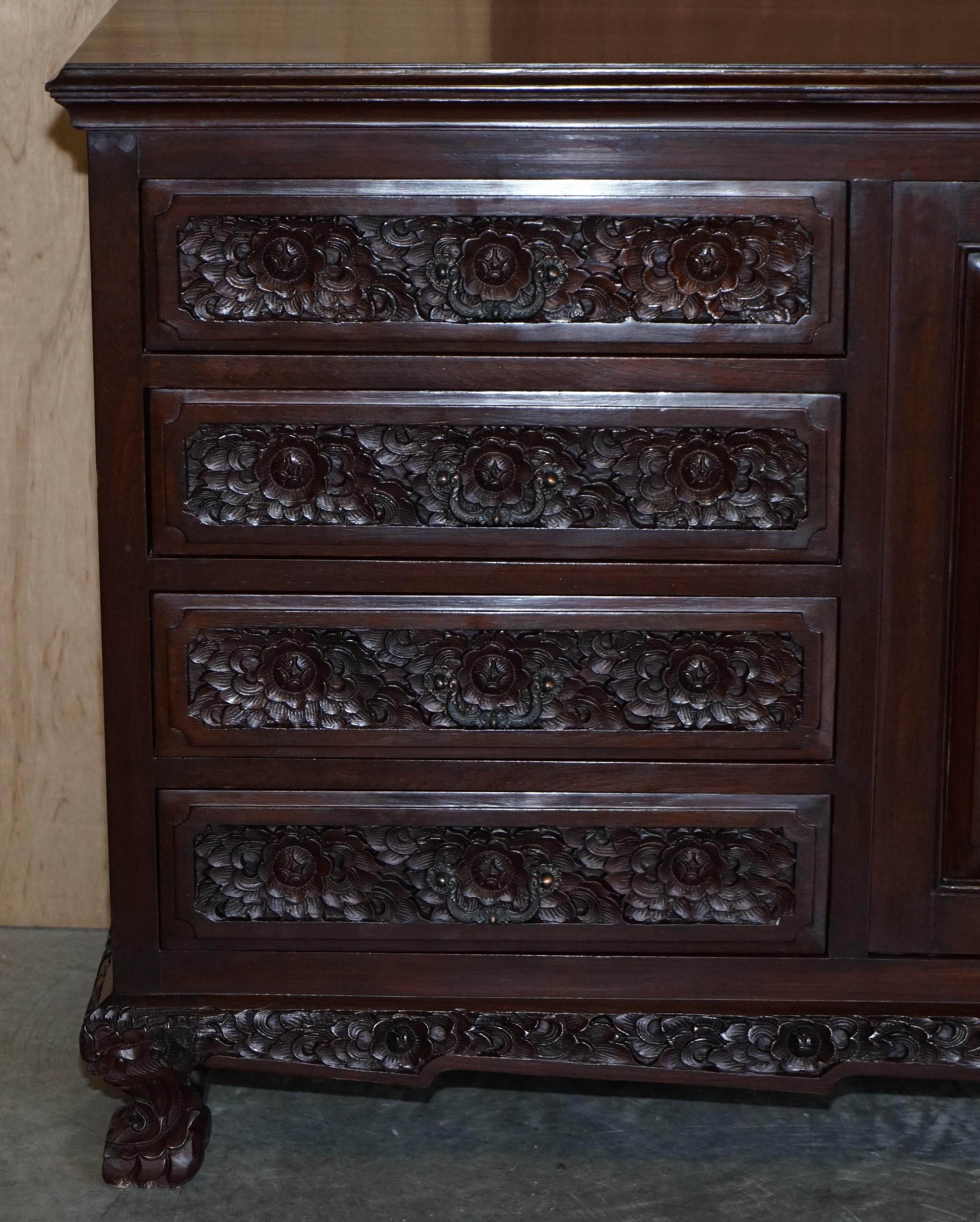 Heavily Carved Large Indian Hardwood Sideboard with Flowers & Peacock Decortion For Sale 3