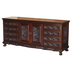 Heavily Carved Large Indian Hardwood Sideboard with Flowers & Peacock Decortion
