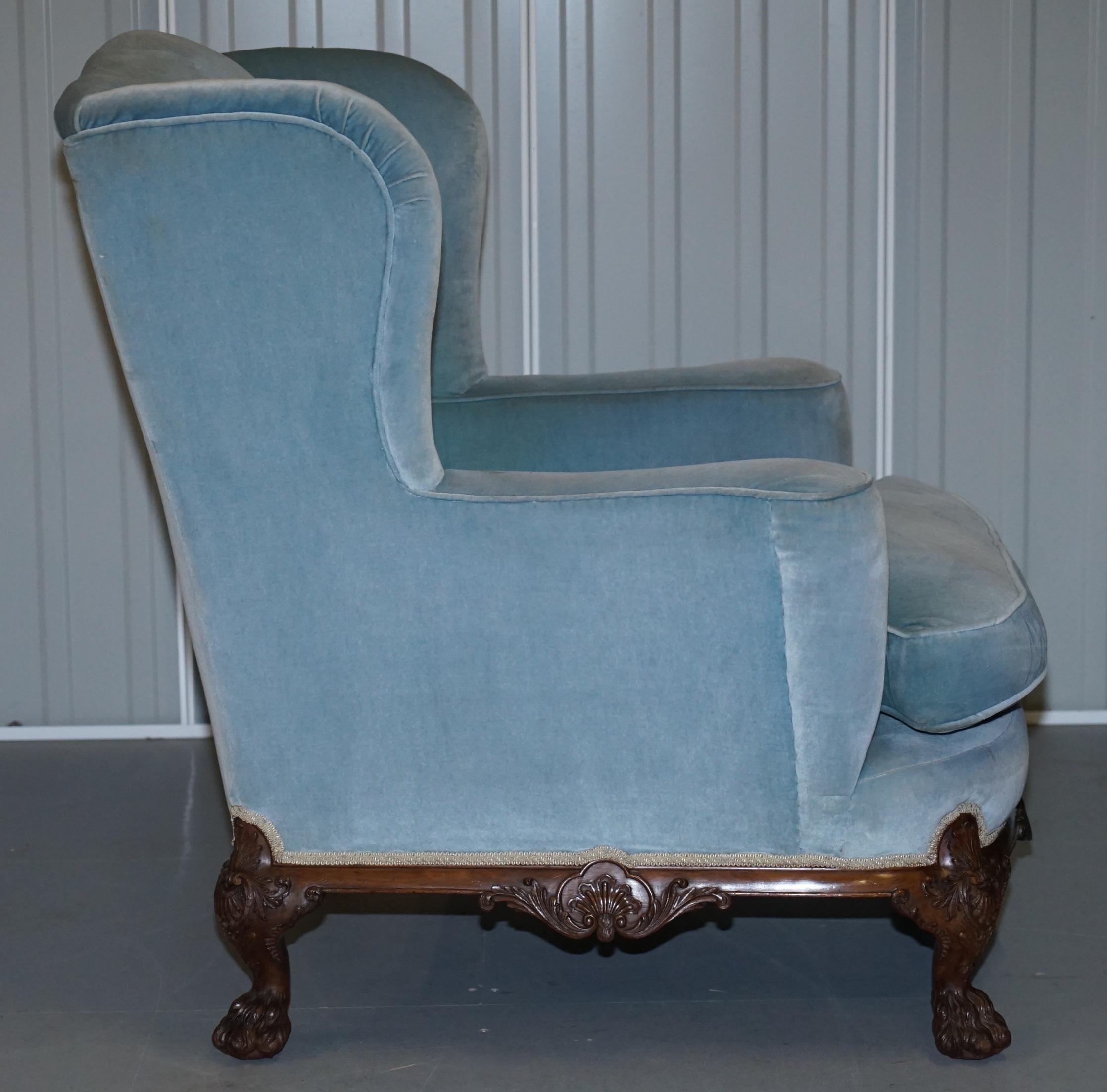 Stark geschnitzter Löwe Haarige Tatzenfüße Viktorianischer Sessel Himmelblauer Samt George II im Angebot 5