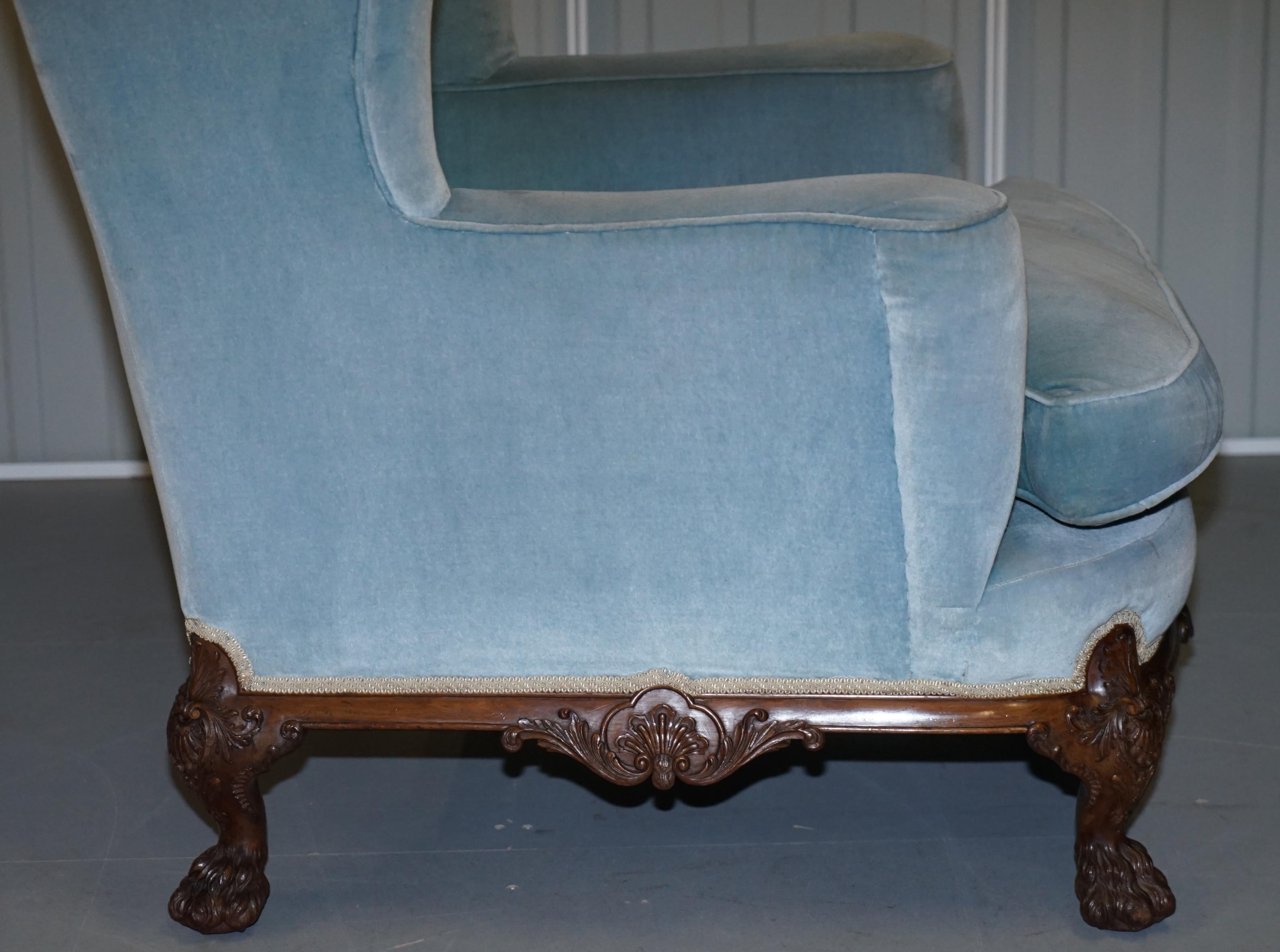Heavily Carved Lion Hairy Paw Feet Victorian Armchair Sky Blue Velvet George II For Sale 3
