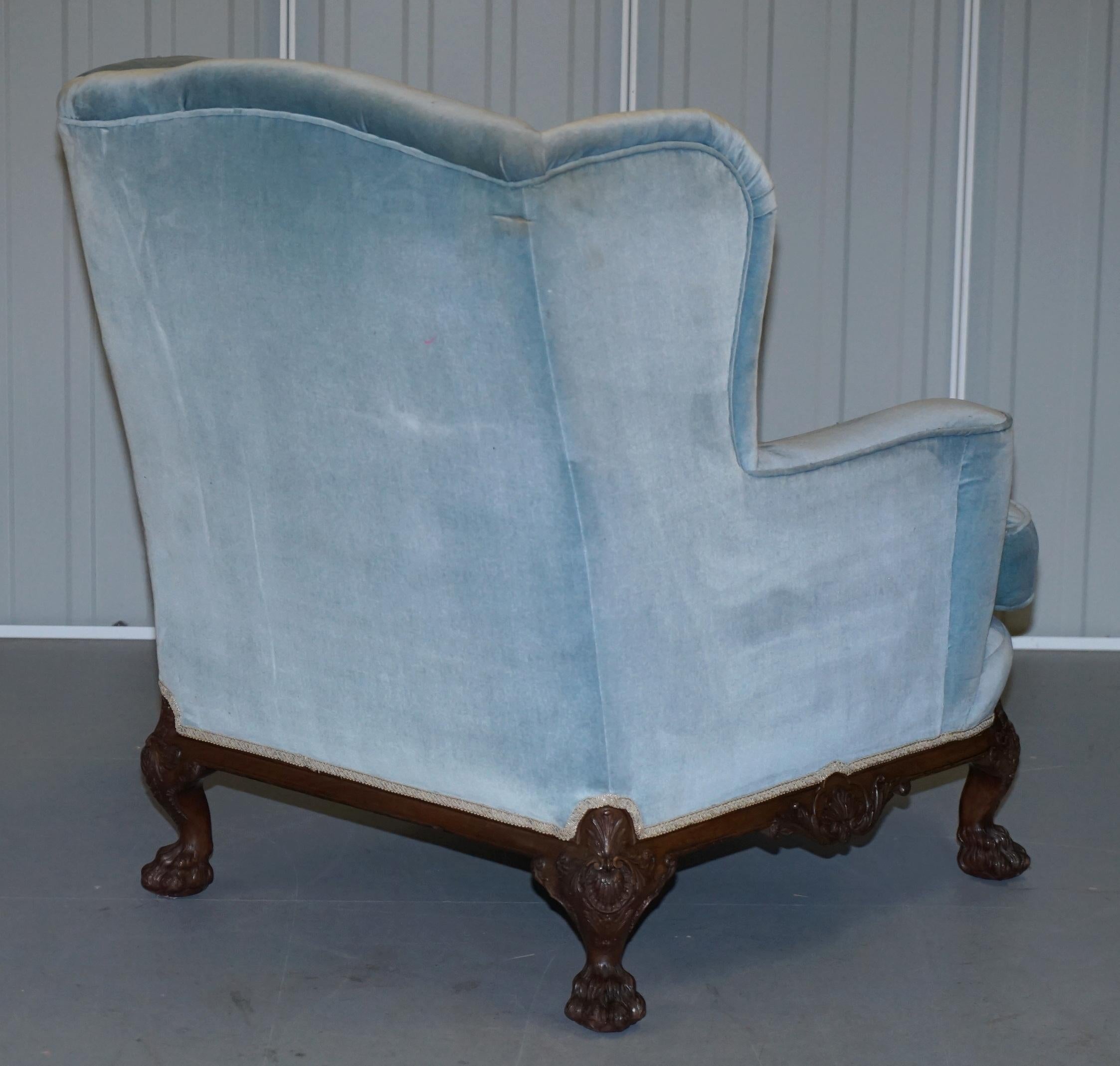 Heavily Carved Lion Hairy Paw Feet Victorian Armchair Sky Blue Velvet George II For Sale 6