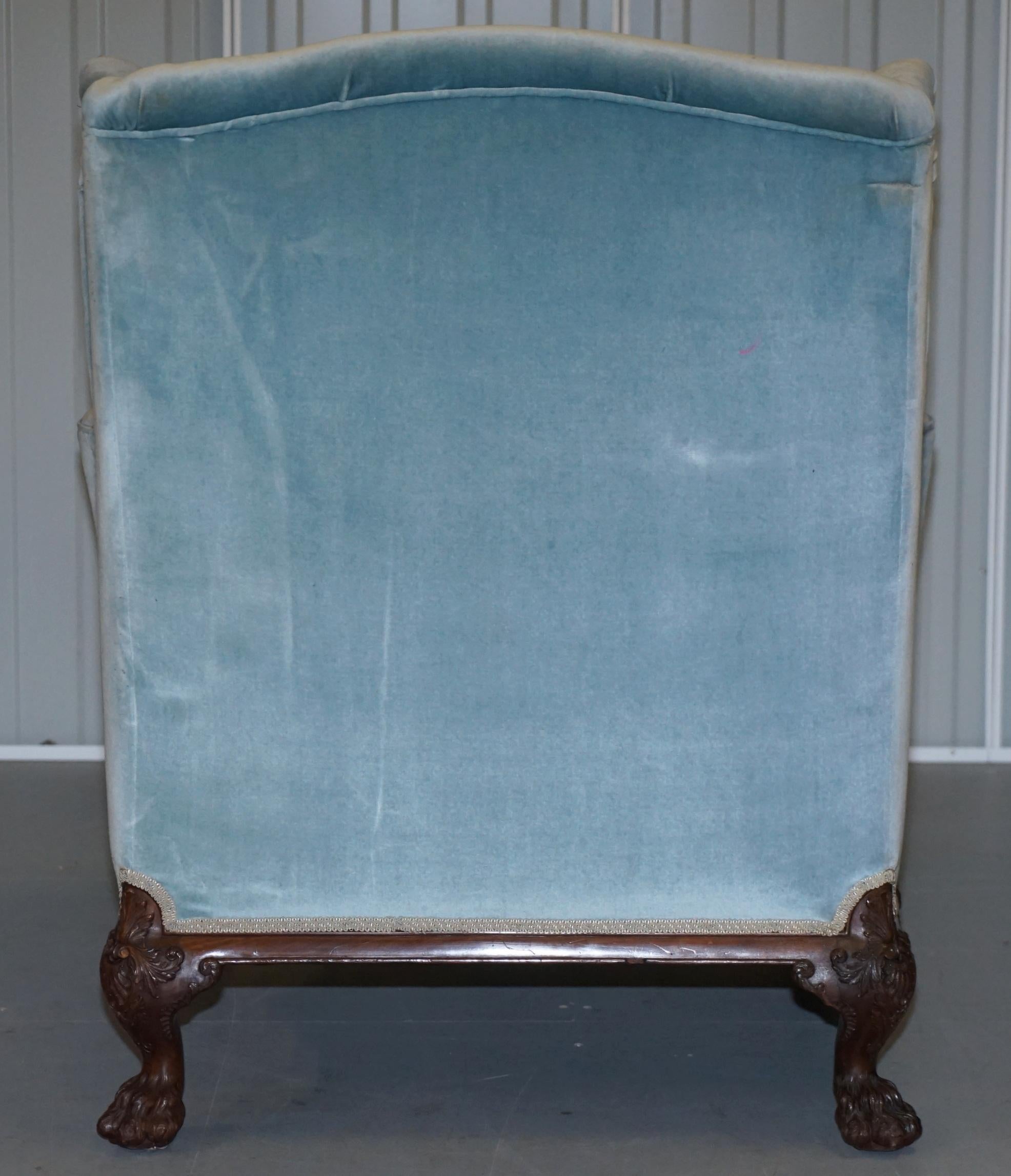 Stark geschnitzter Löwe Haarige Tatzenfüße Viktorianischer Sessel Himmelblauer Samt George II im Angebot 10