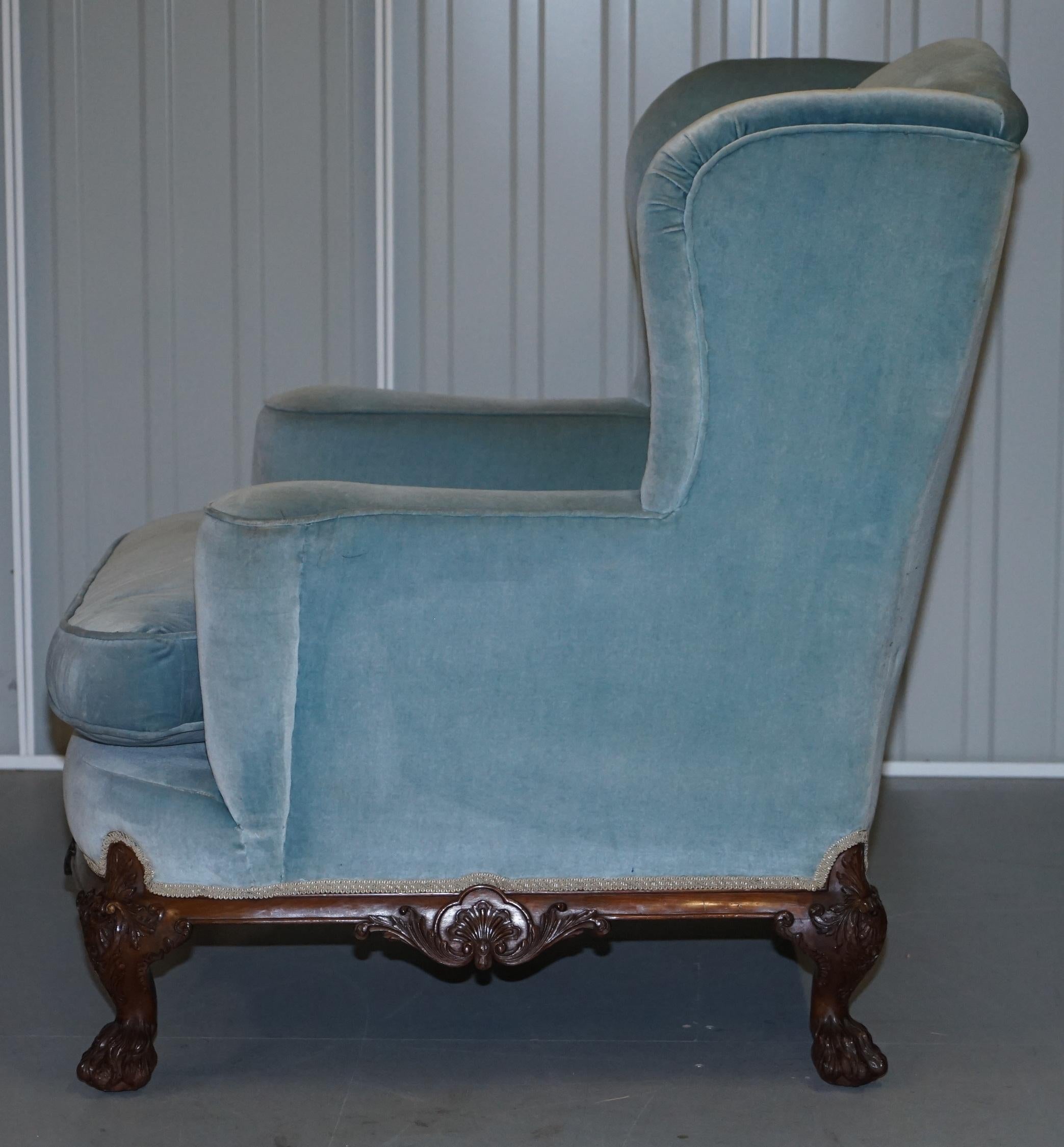 Heavily Carved Lion Hairy Paw Feet Victorian Armchair Sky Blue Velvet George II For Sale 9