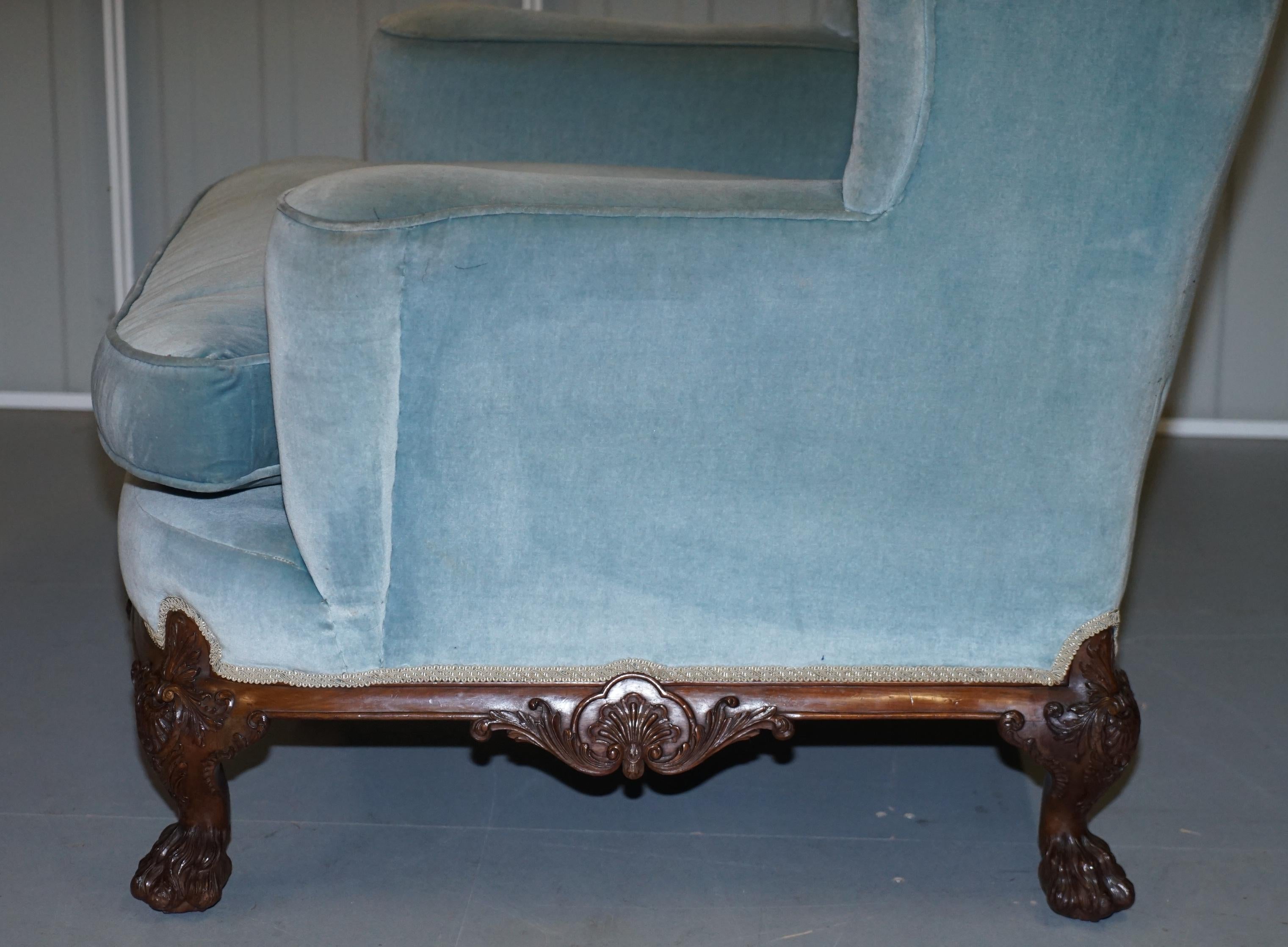 Heavily Carved Lion Hairy Paw Feet Victorian Armchair Sky Blue Velvet George II For Sale 10