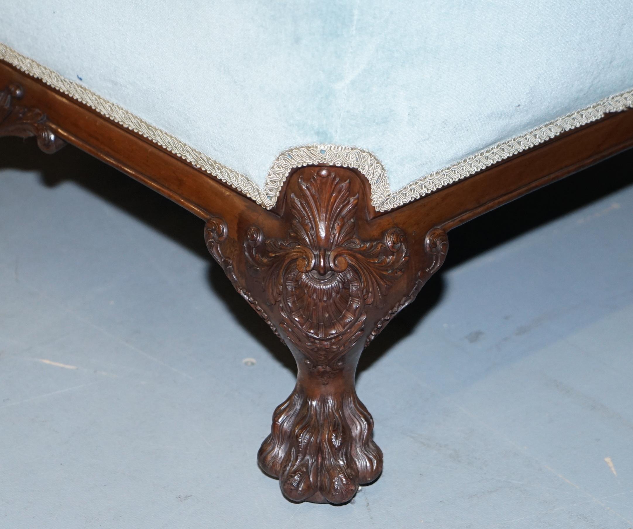 Heavily Carved Lion Hairy Paw Feet Victorian Armchair Sky Blue Velvet George II For Sale 11