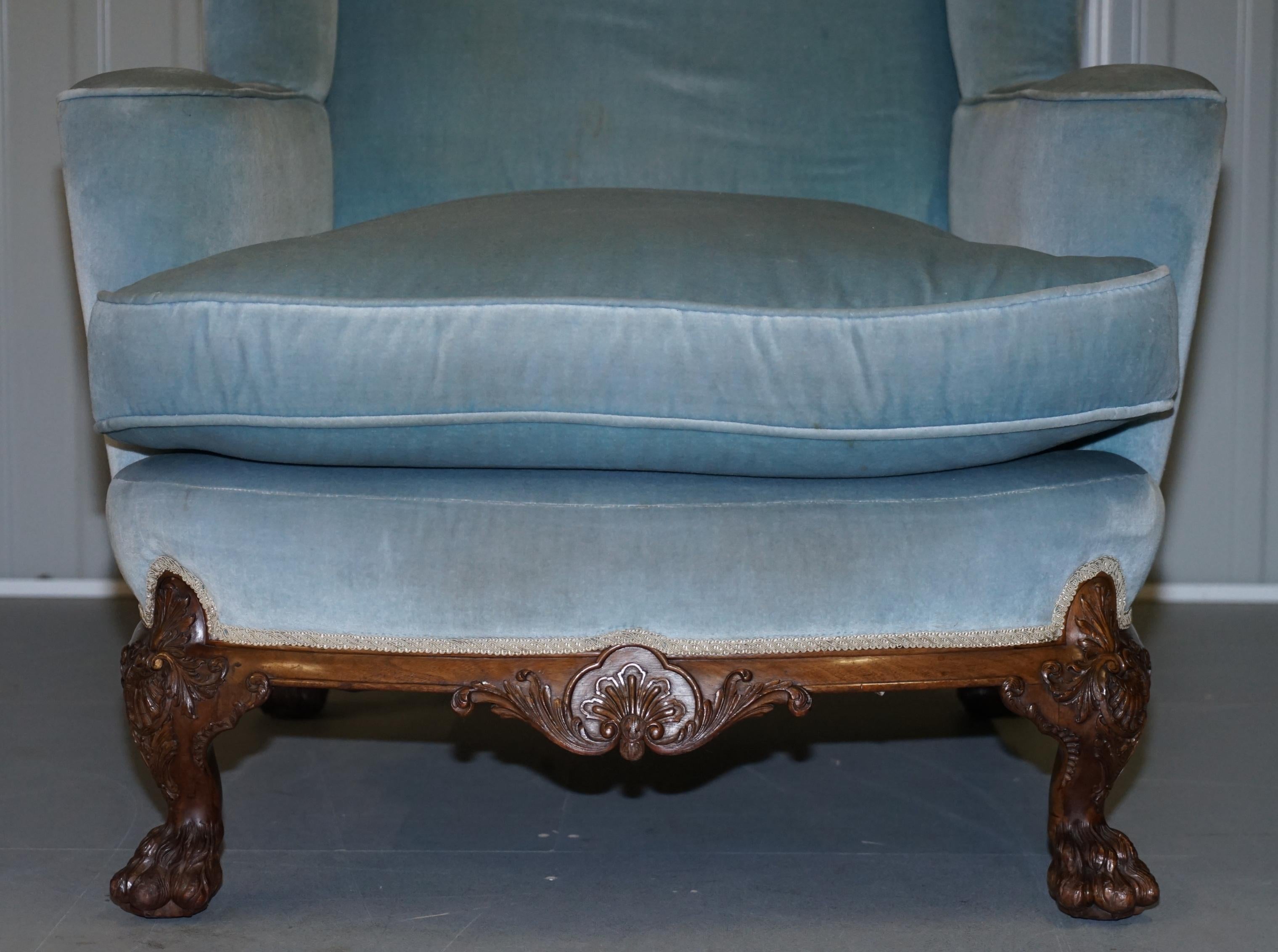 Hand-Crafted Heavily Carved Lion Hairy Paw Feet Victorian Armchair Sky Blue Velvet George II For Sale