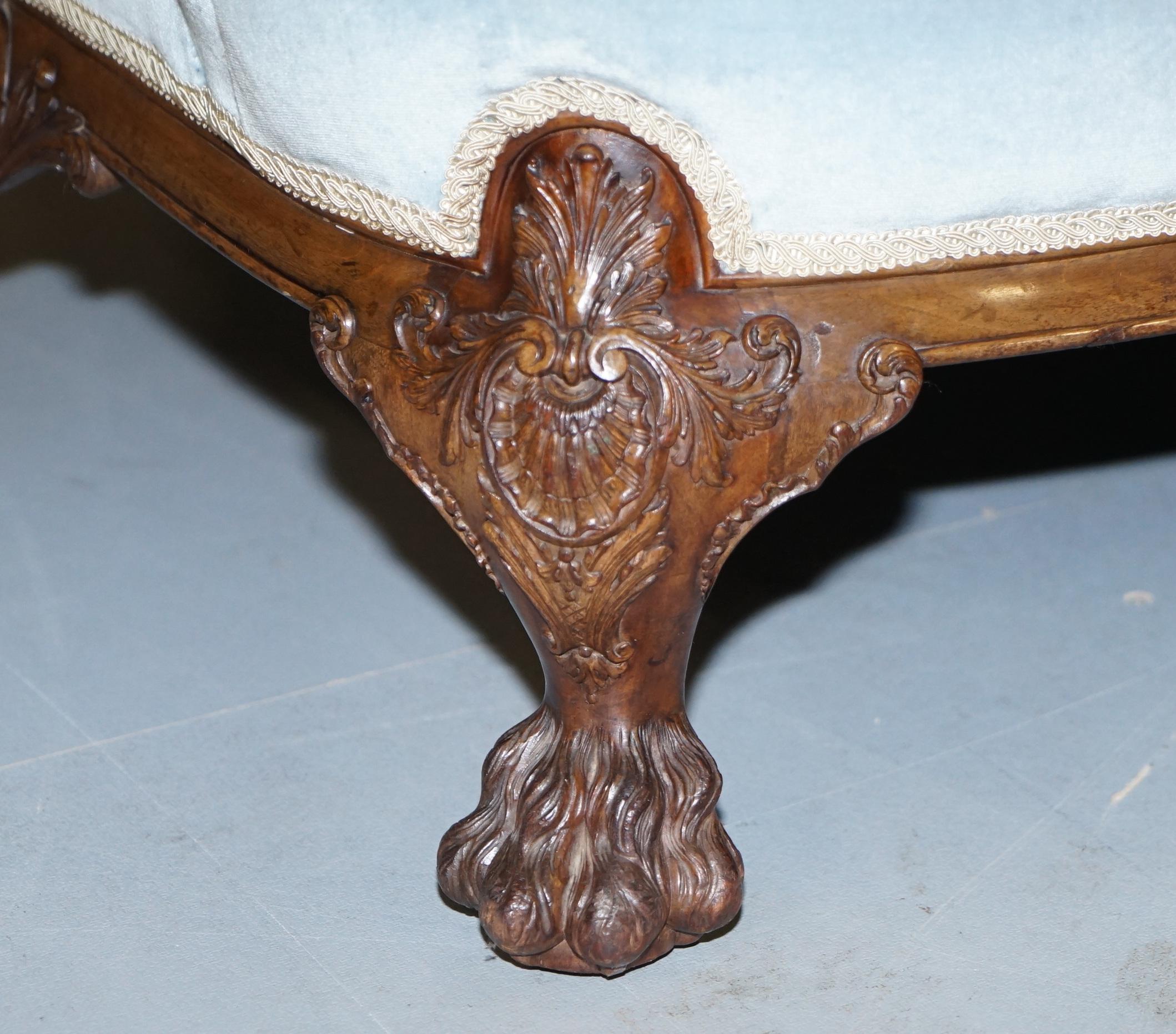 19th Century Heavily Carved Lion Hairy Paw Feet Victorian Armchair Sky Blue Velvet George II For Sale