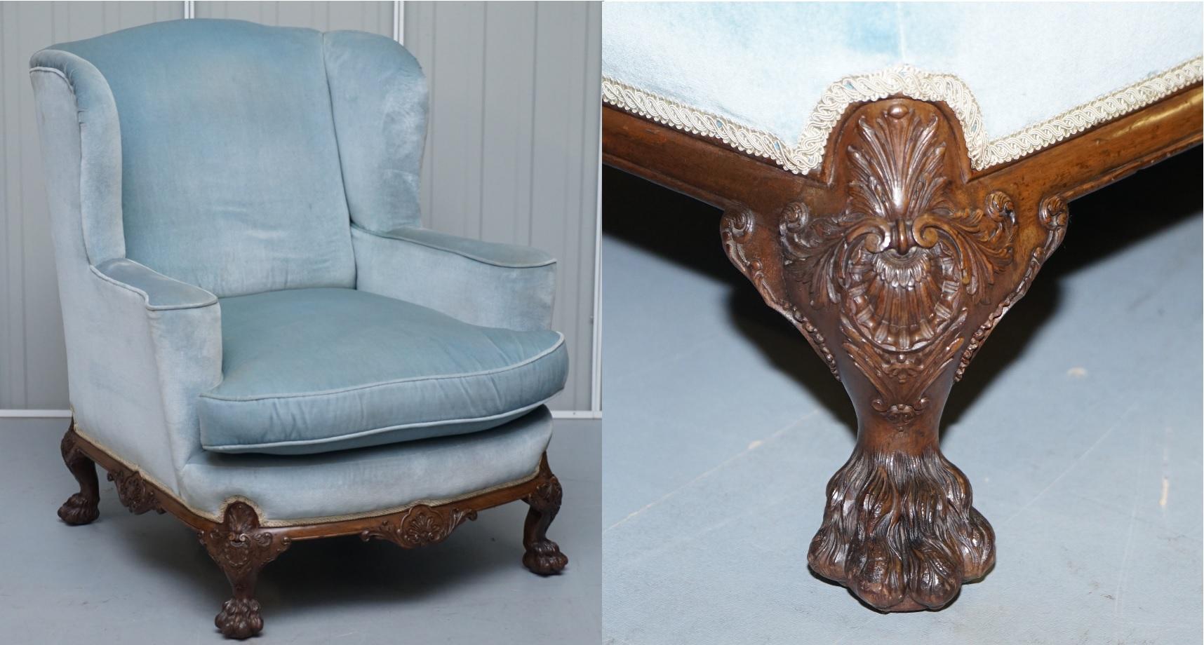 We are delighted to offer for sale this lovely hand made in England antique Victorian armchair with heavily carved Lion’s hairy paw feet in the George II style

This chair is really a statement piece, the solid walnut frame is hand carved all