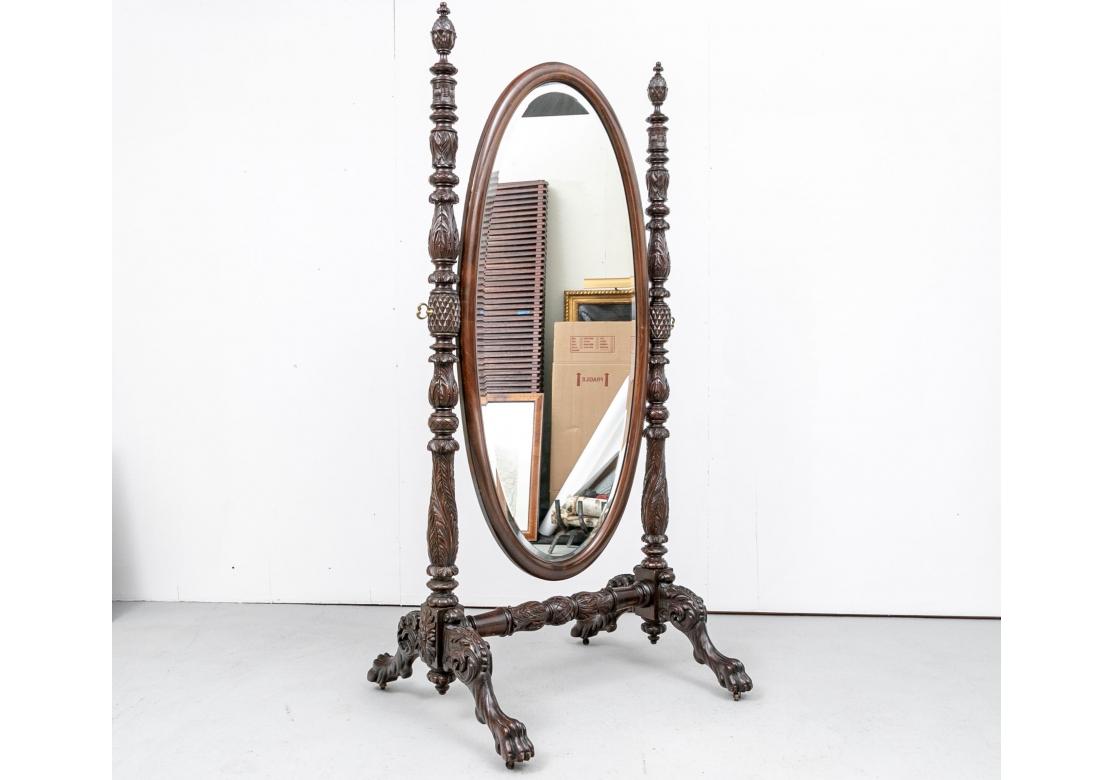 Heavily Carved Mahogany Cheval Mirror In Good Condition For Sale In Bridgeport, CT