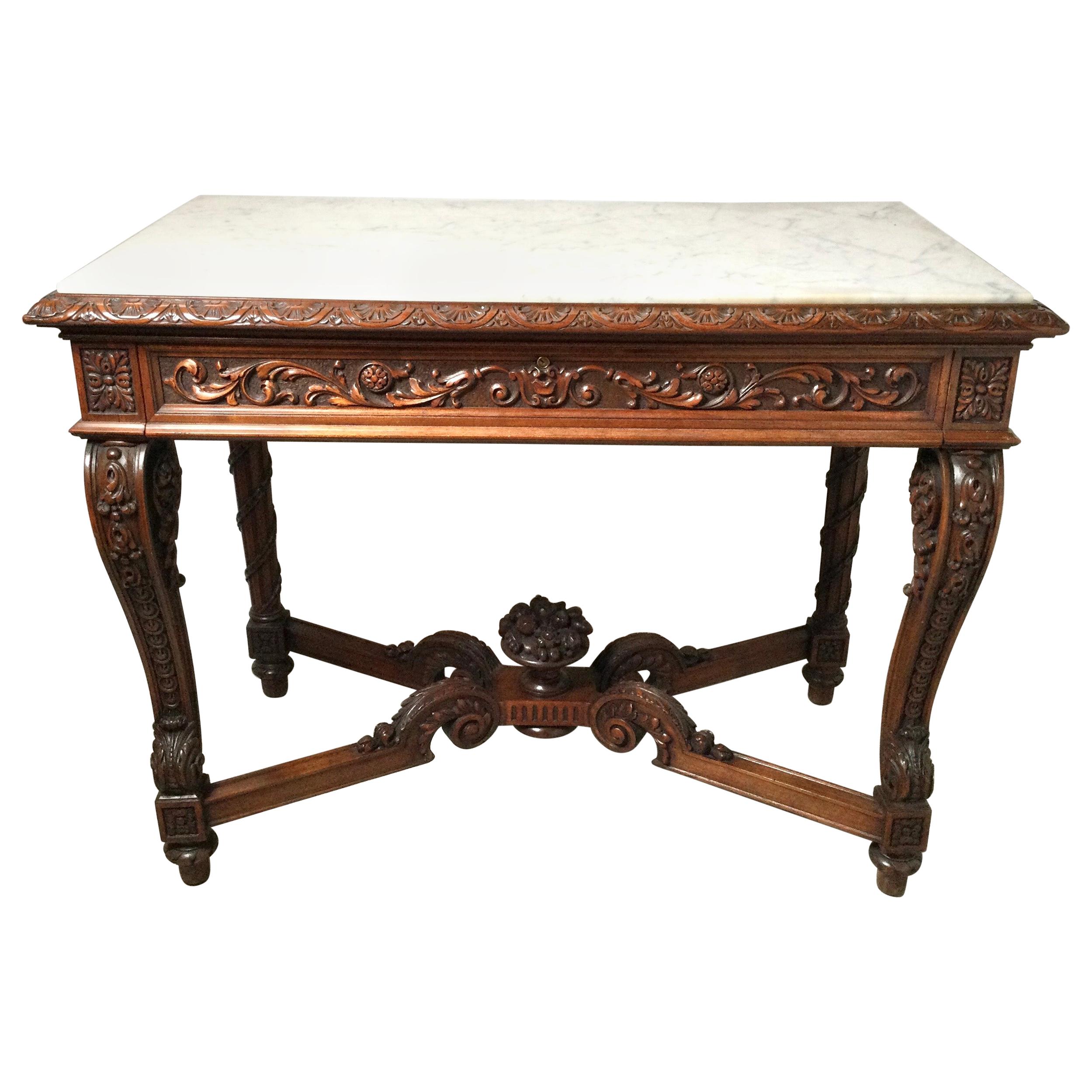 Heavily Carved Mahogany OneDrawer MarbleTop Console Table, circa 1900