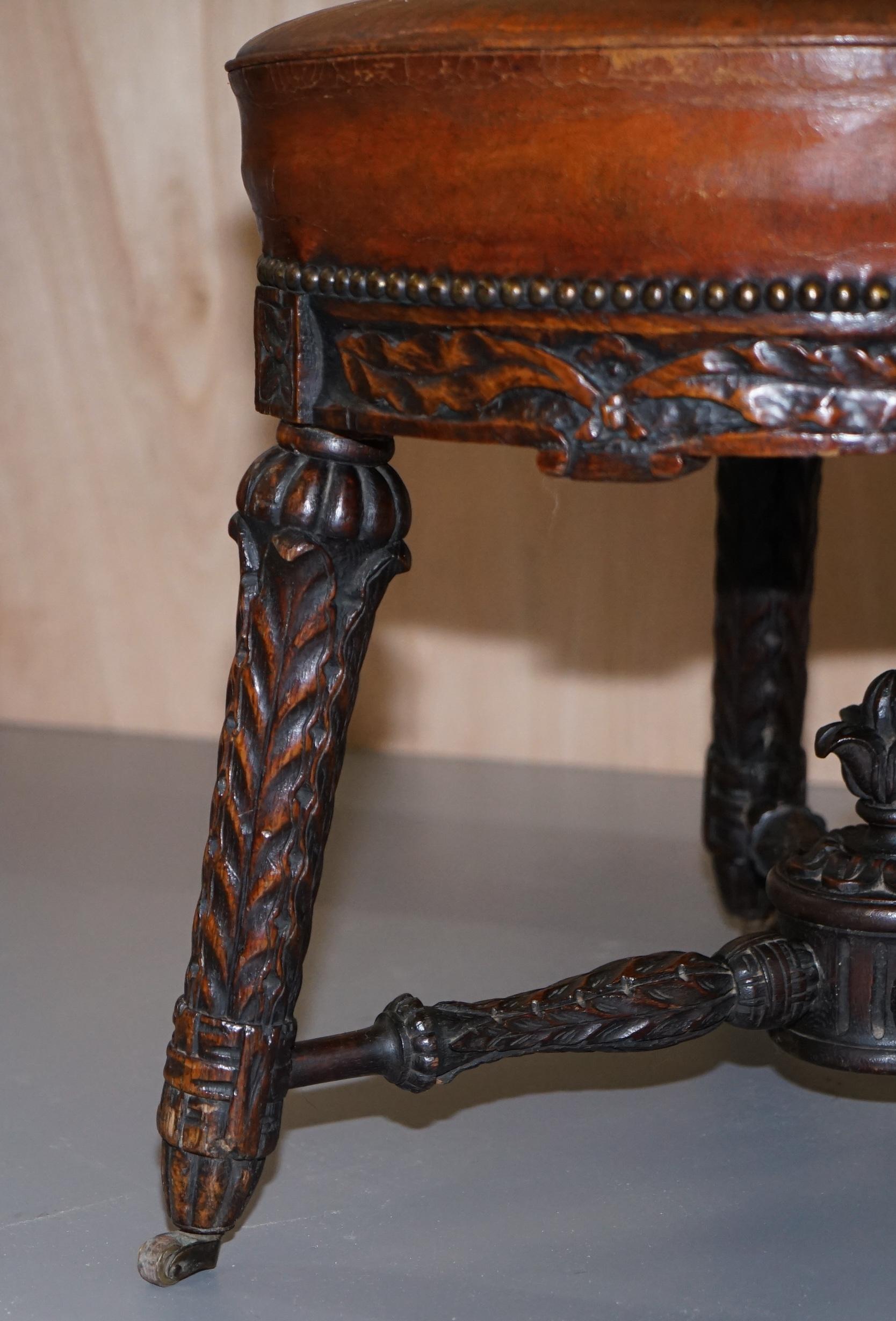 Heavily Carved Metamorphic Cock Fighting Chair circa 1850 Brown Leather Drawers 2