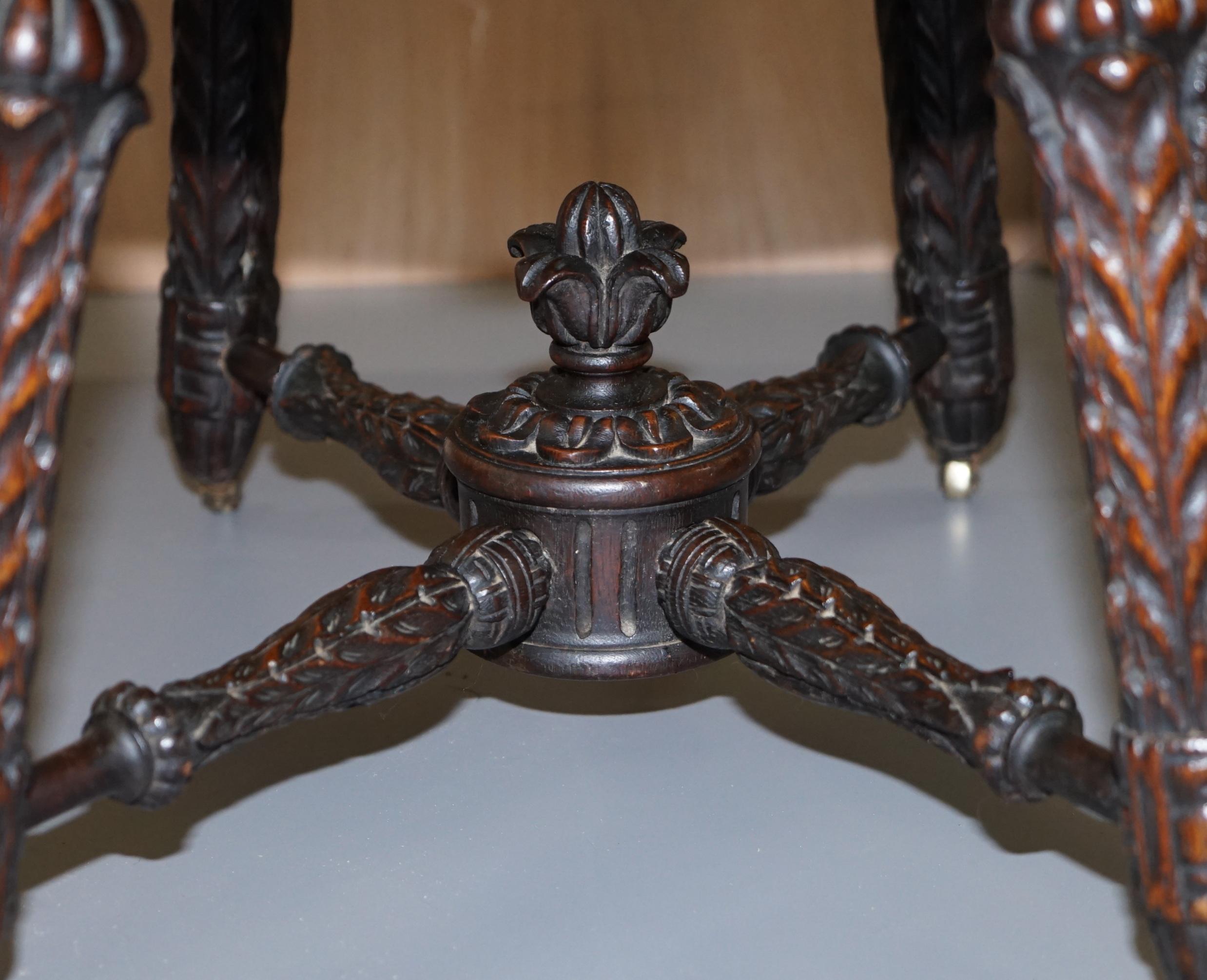 Heavily Carved Metamorphic Cock Fighting Chair circa 1850 Brown Leather Drawers 3