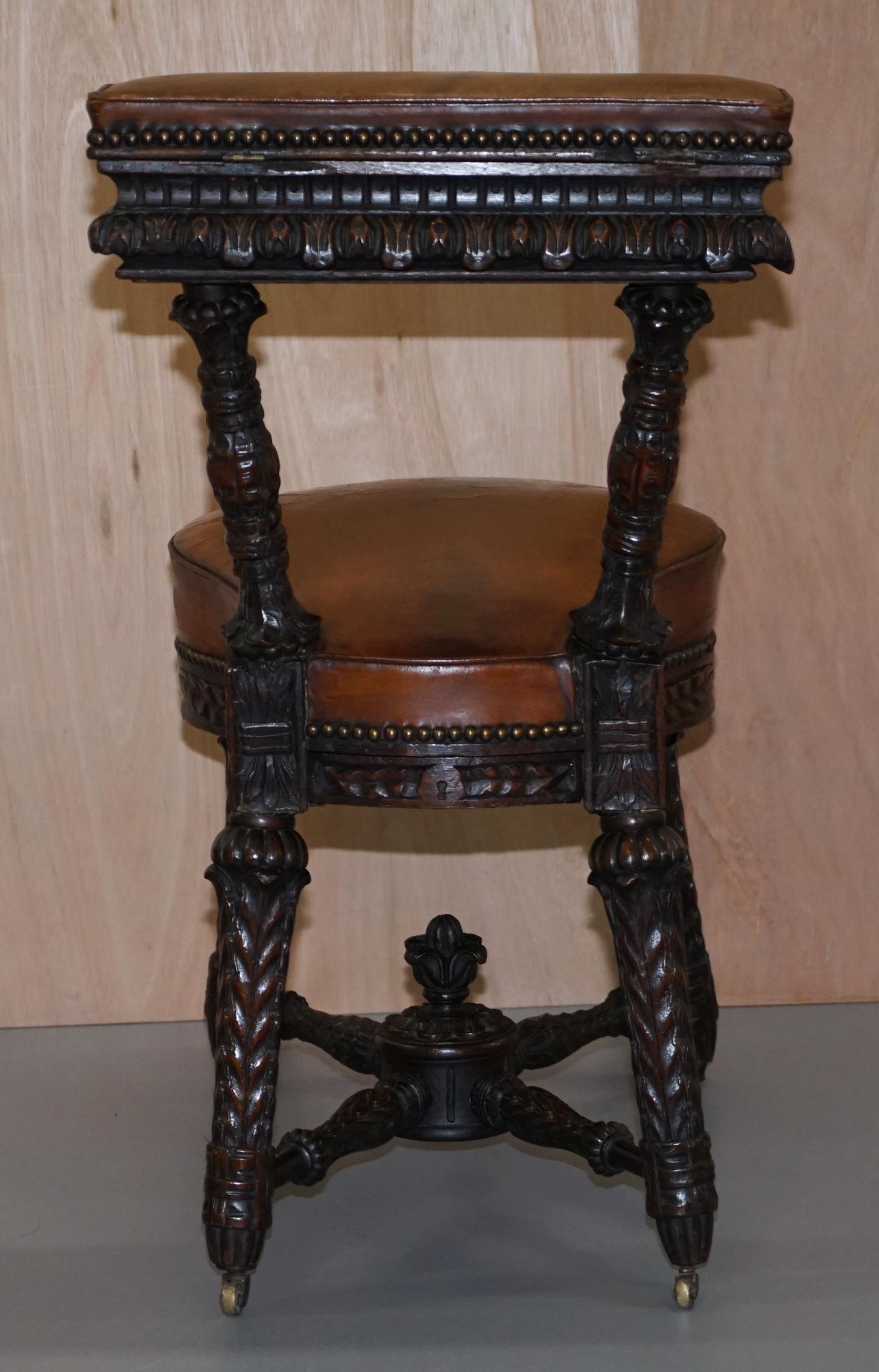 Heavily Carved Metamorphic Cock Fighting Chair circa 1850 Brown Leather Drawers 5