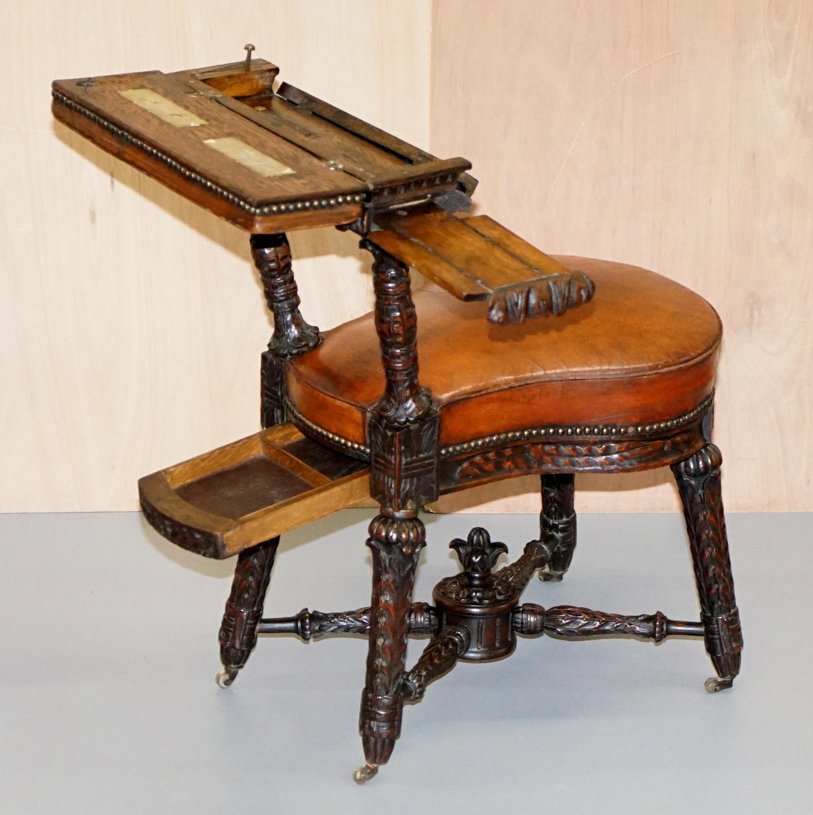 Heavily Carved Metamorphic Cock Fighting Chair circa 1850 Brown Leather Drawers 6