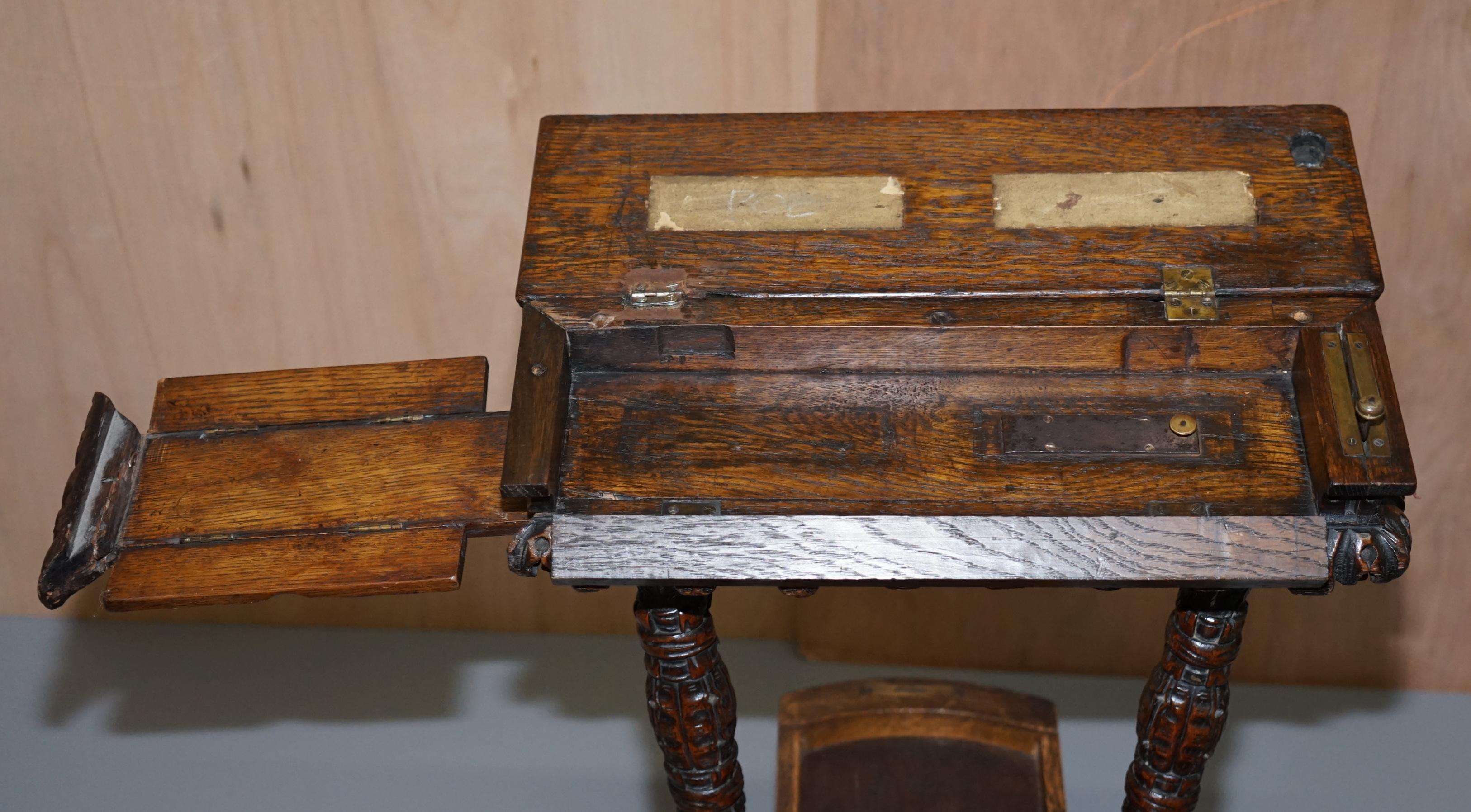 Heavily Carved Metamorphic Cock Fighting Chair circa 1850 Brown Leather Drawers 7