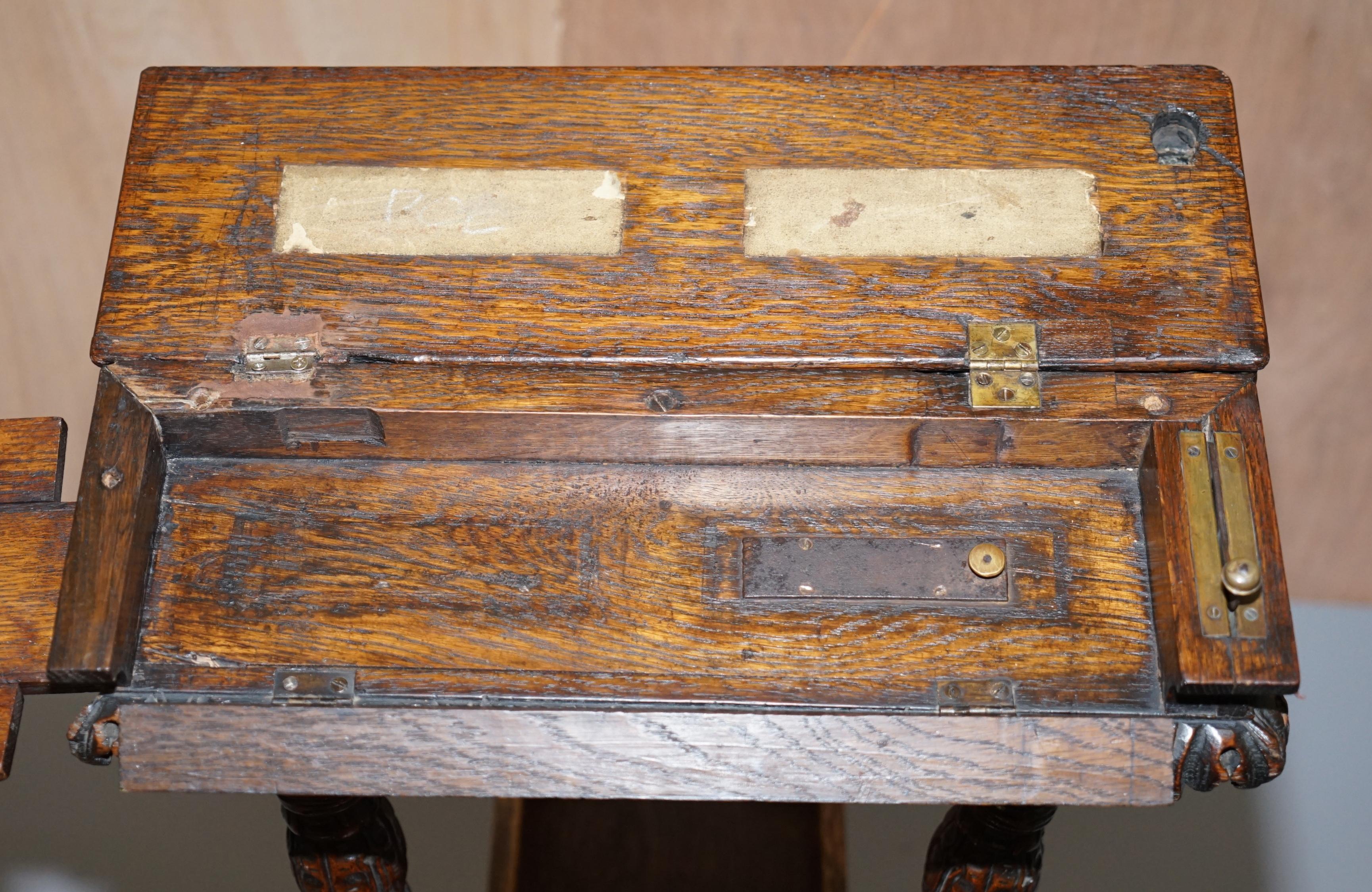 Heavily Carved Metamorphic Cock Fighting Chair circa 1850 Brown Leather Drawers 8