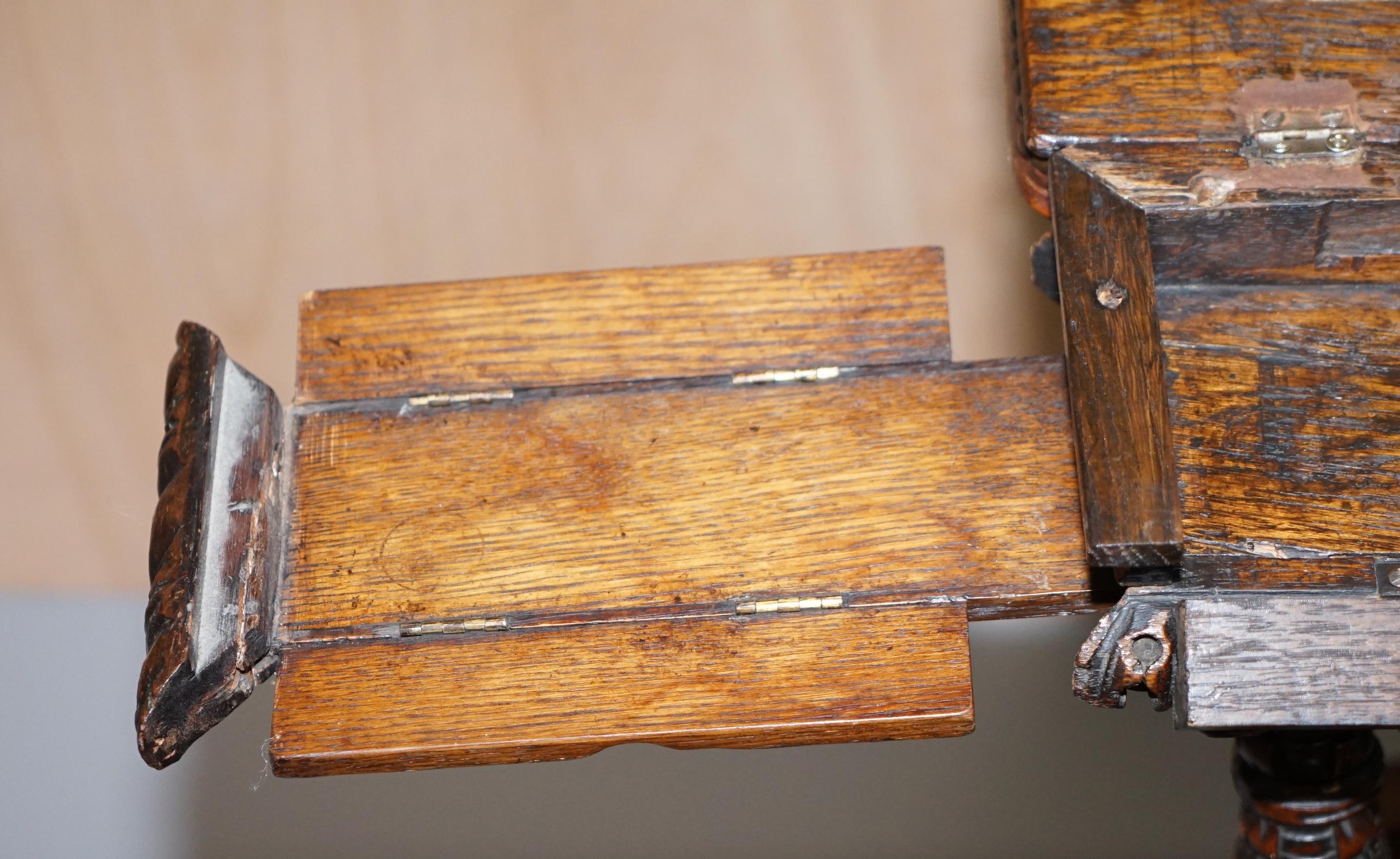 Heavily Carved Metamorphic Cock Fighting Chair circa 1850 Brown Leather Drawers 9