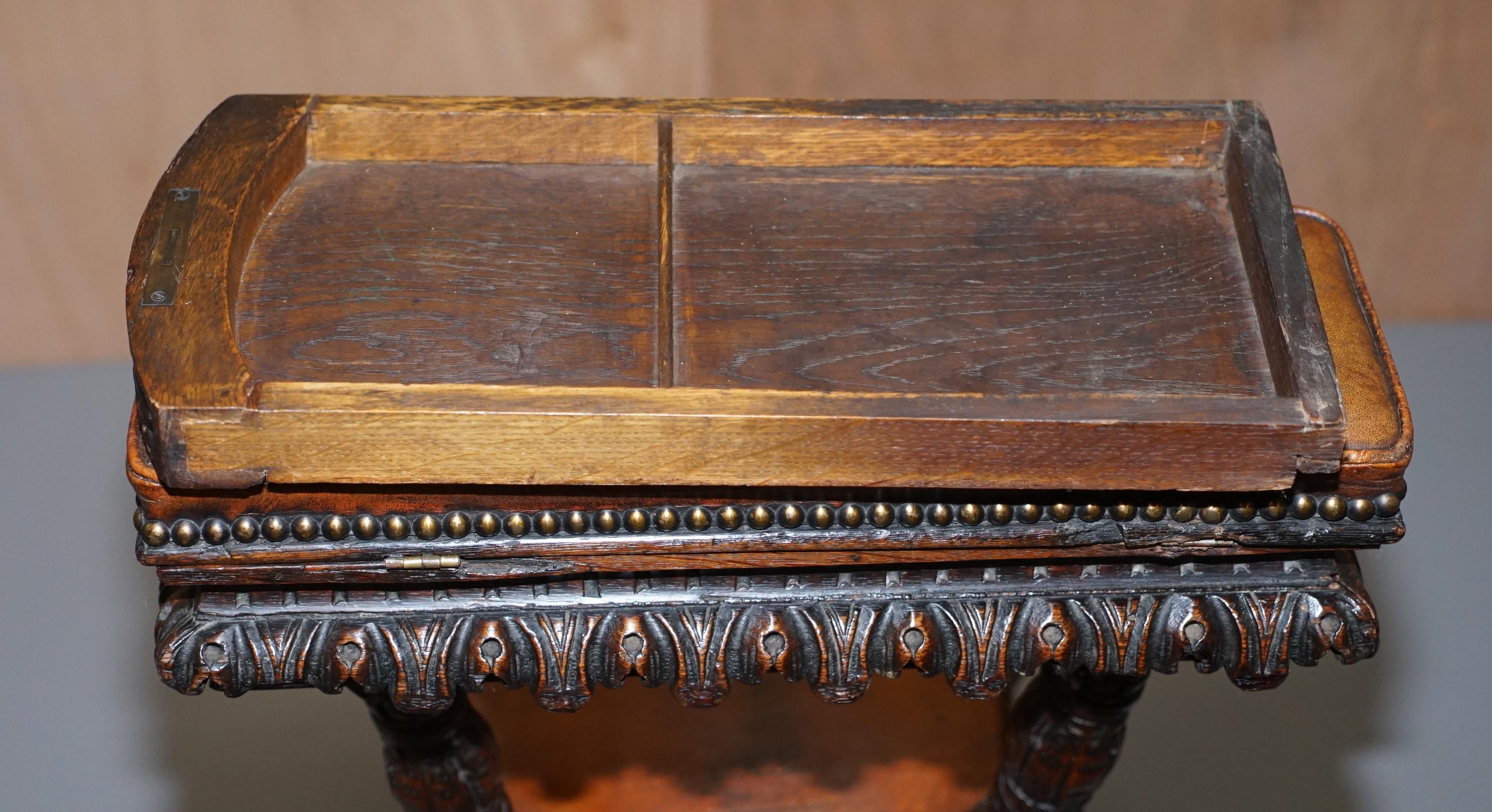 Heavily Carved Metamorphic Cock Fighting Chair circa 1850 Brown Leather Drawers 11
