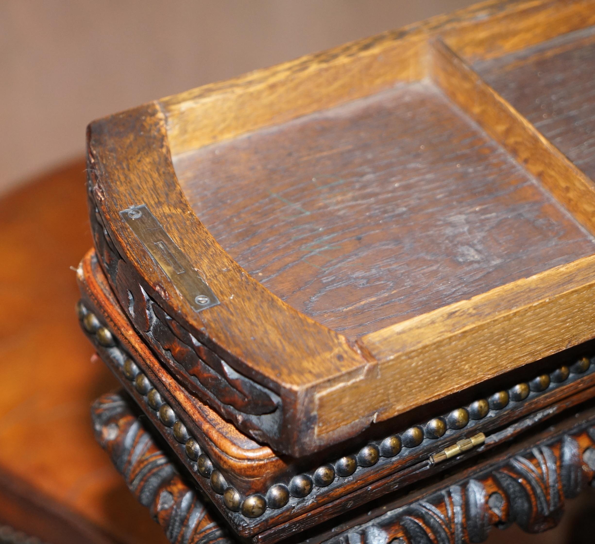 Heavily Carved Metamorphic Cock Fighting Chair circa 1850 Brown Leather Drawers 12