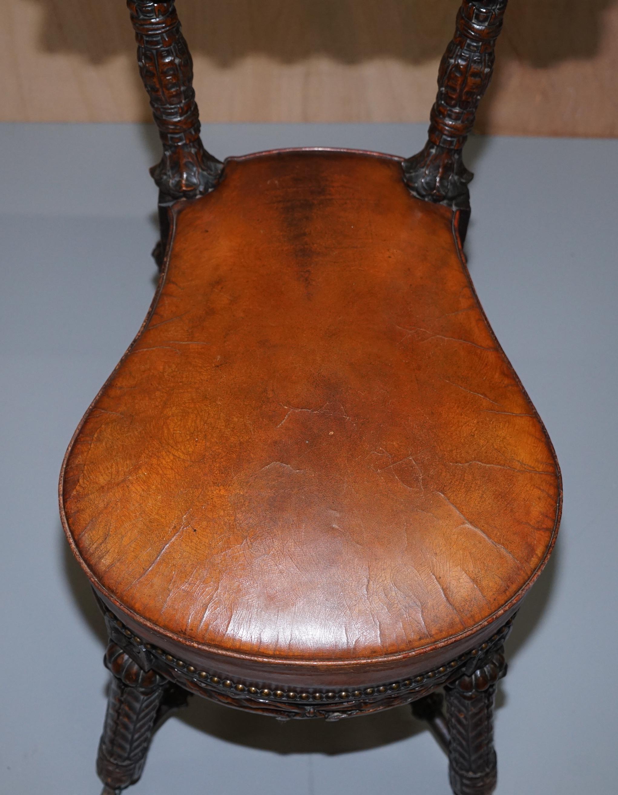 Victorian Heavily Carved Metamorphic Cock Fighting Chair circa 1850 Brown Leather Drawers