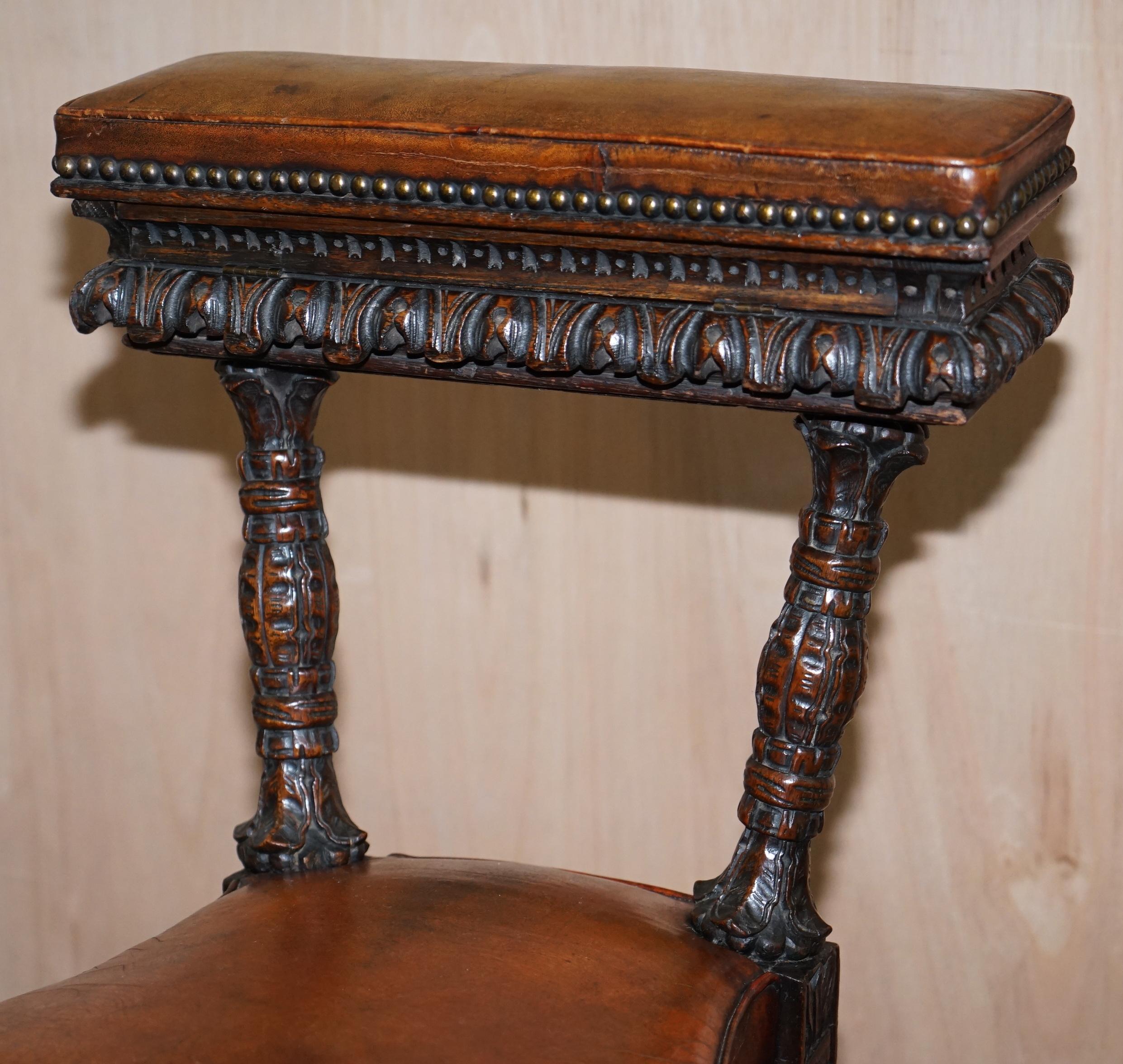 Heavily Carved Metamorphic Cock Fighting Chair circa 1850 Brown Leather Drawers In Good Condition In West Sussex, Pulborough