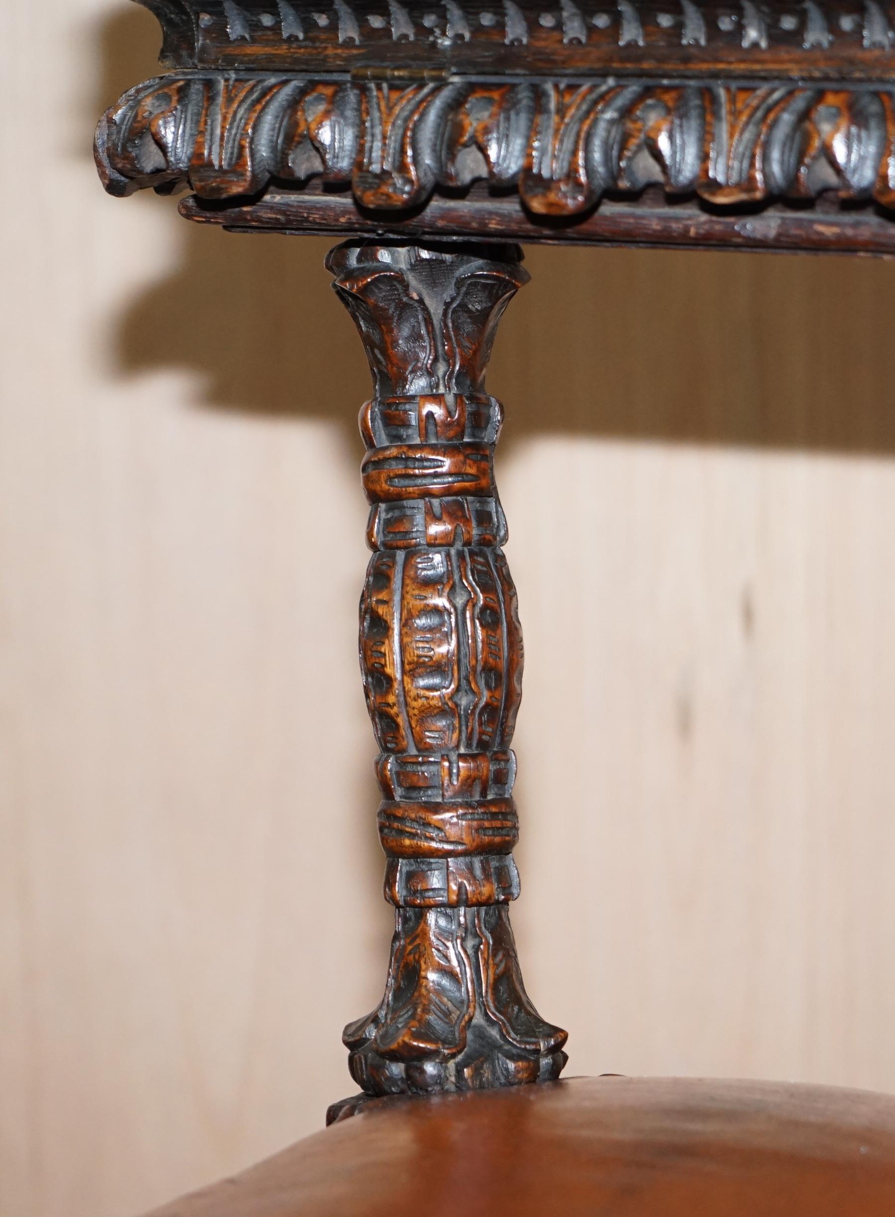 Mid-19th Century Heavily Carved Metamorphic Cock Fighting Chair circa 1850 Brown Leather Drawers