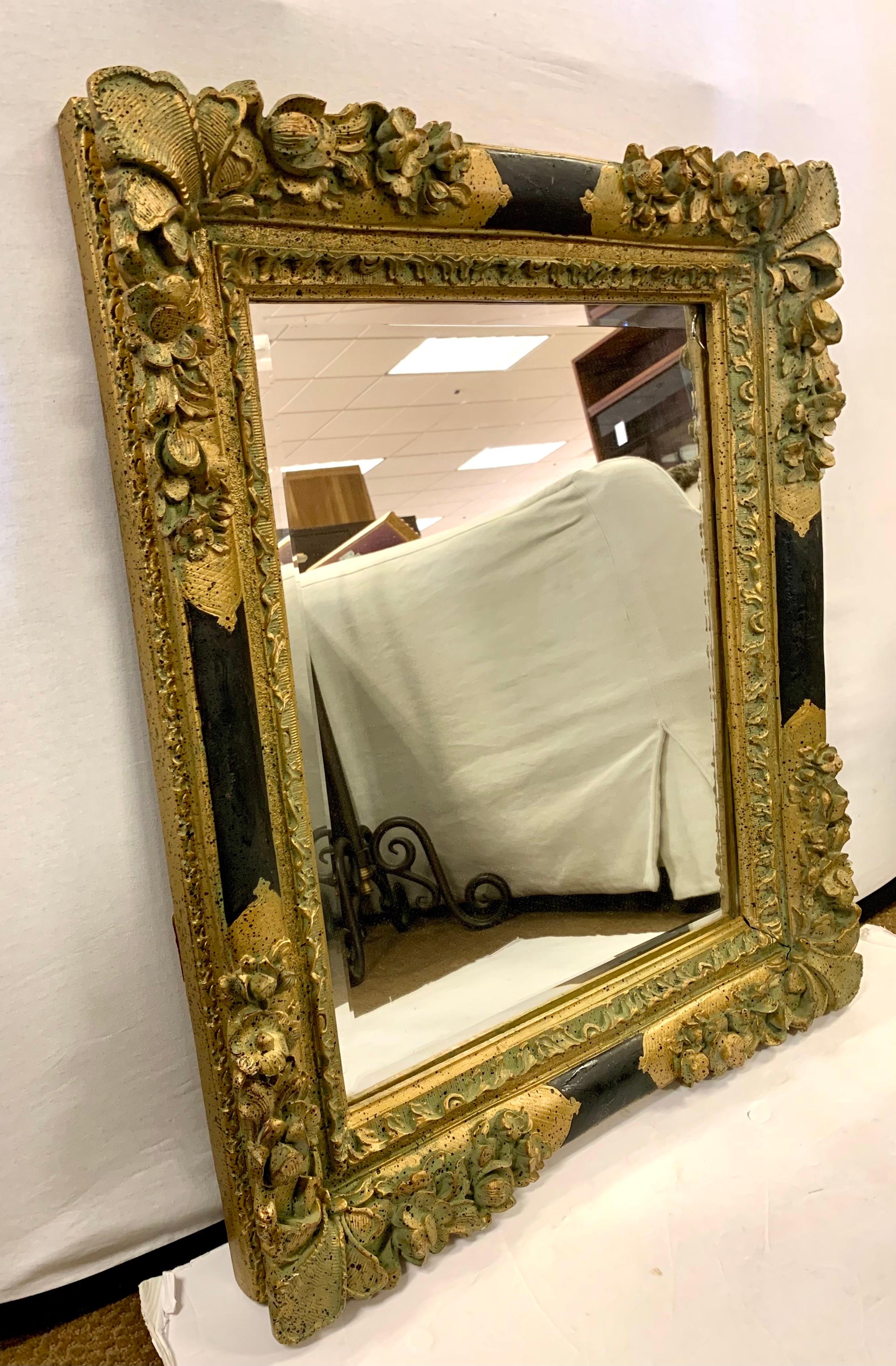 Heavily Carved Neoclassical Ornate Gilt Giltwood and Black Mirror For Sale 1