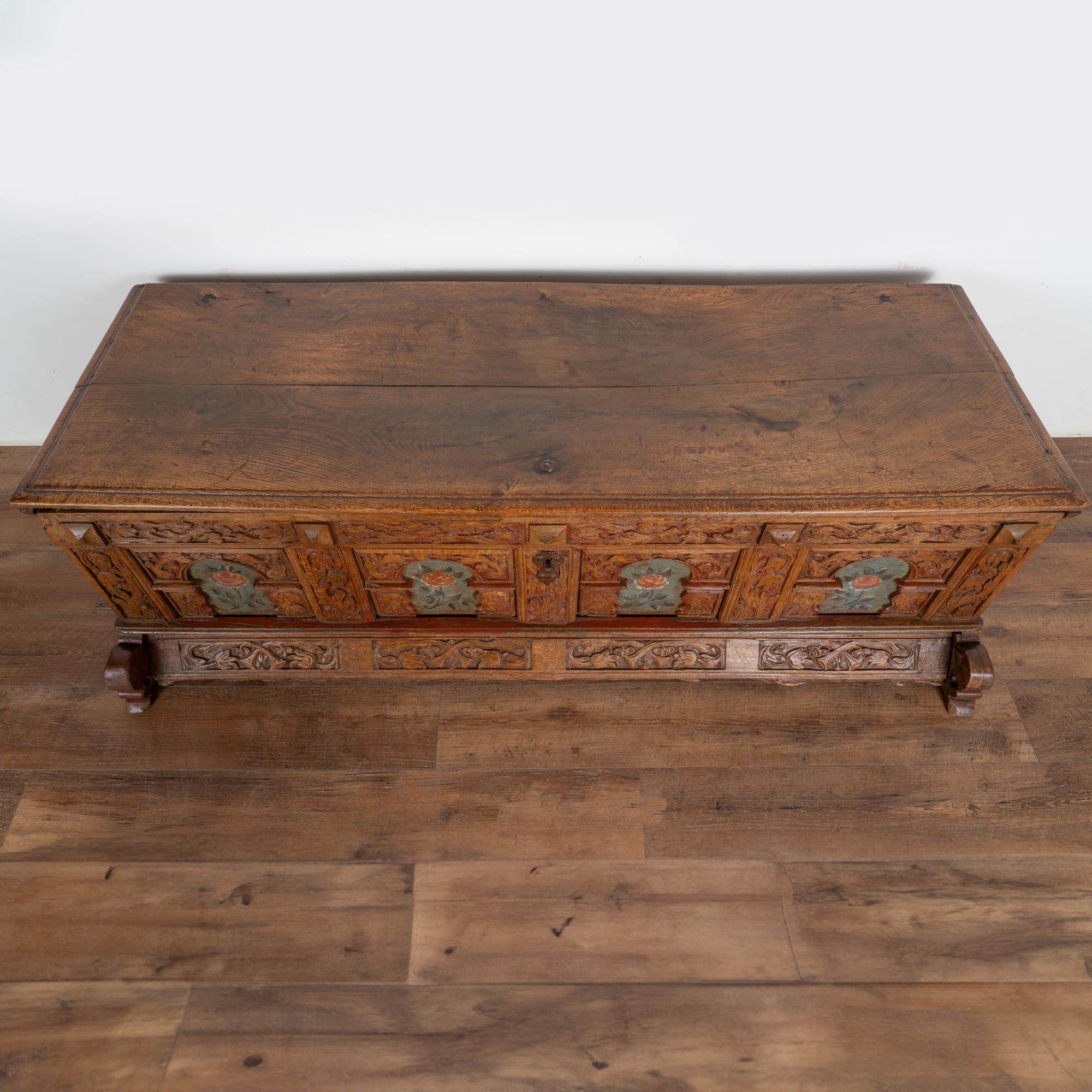 Heavily Carved Oak Coffer or Large Trunk, Denmark circa 1750 In Good Condition For Sale In Round Top, TX