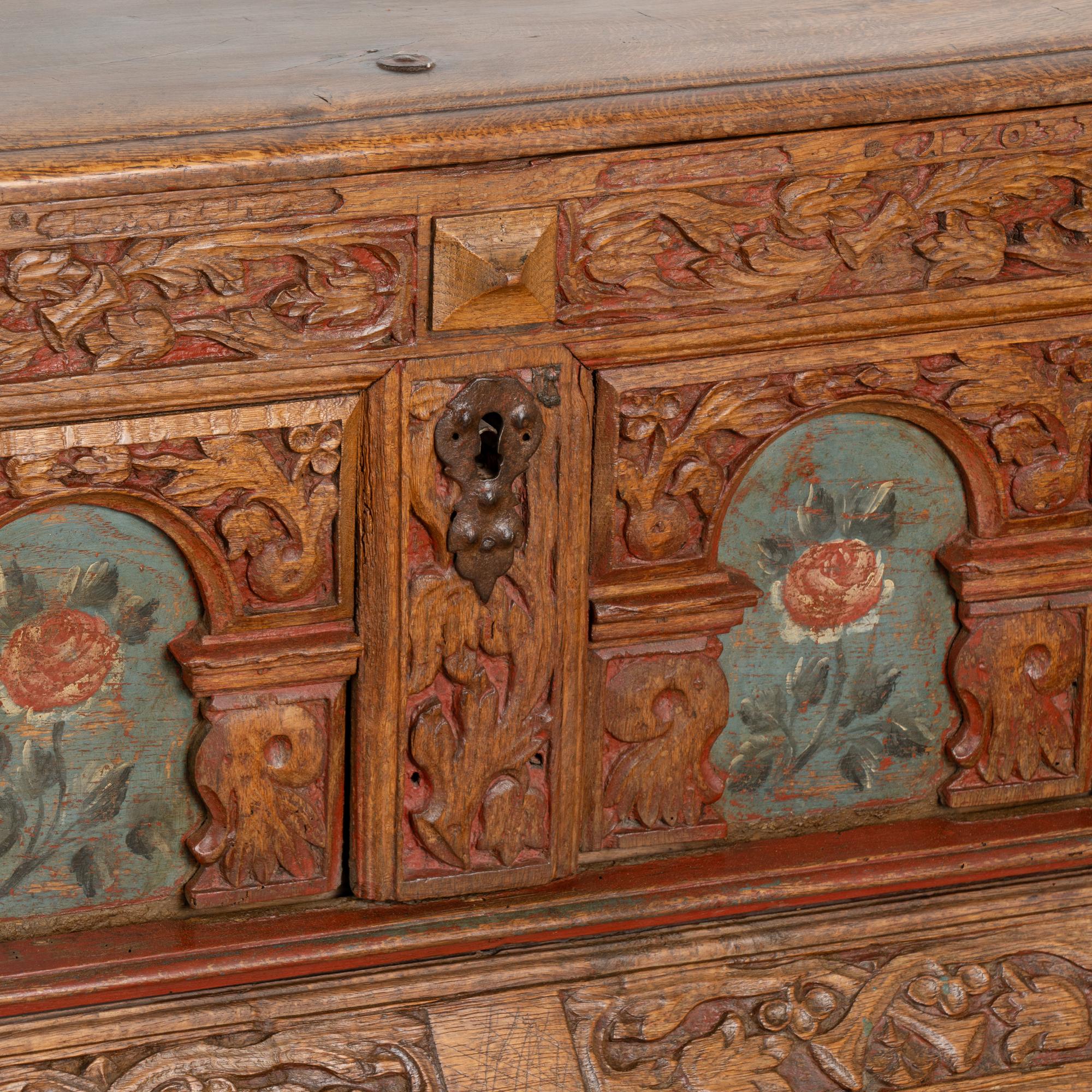 Heavily Carved Oak Coffer or Large Trunk, Denmark circa 1750 For Sale 2