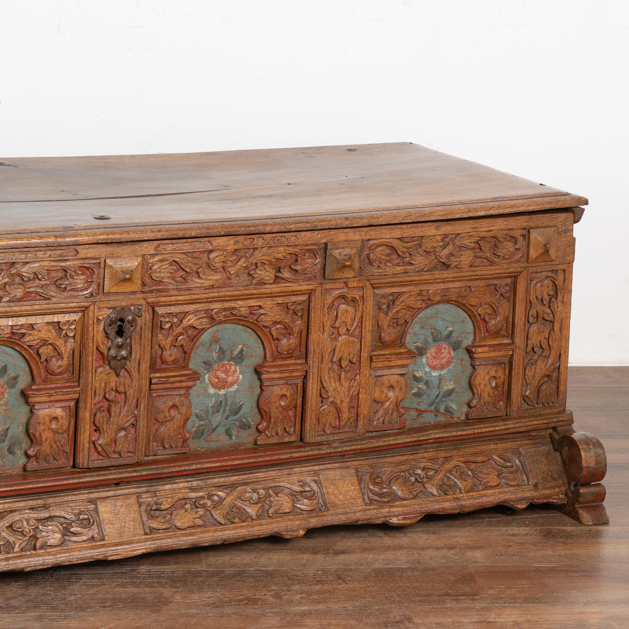 Heavily Carved Oak Coffer or Large Trunk, Denmark circa 1750 For Sale 3