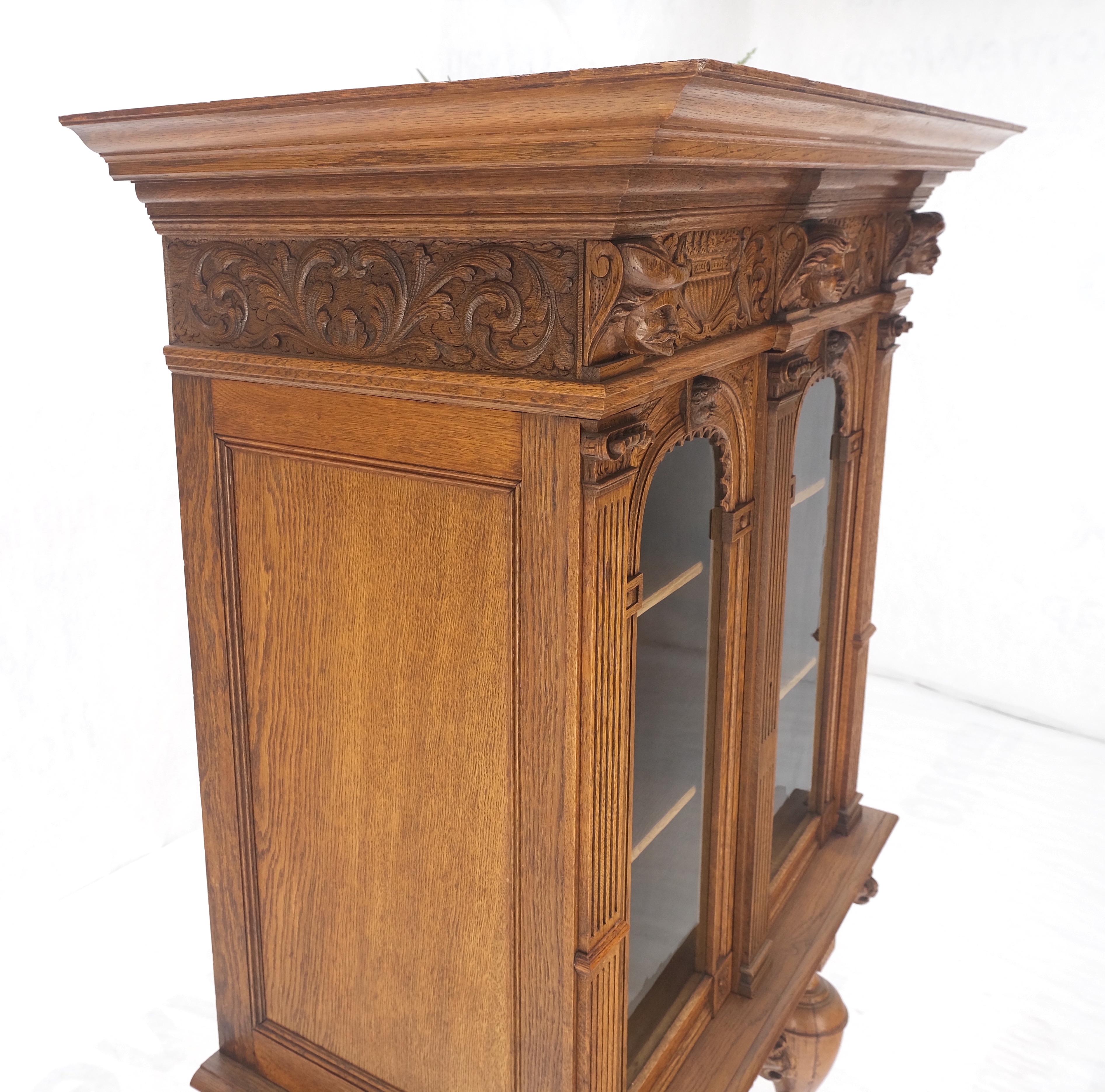 Heavily Carved Oak Faces Urns Motive Two Door China Cabinet c1880s MINT! For Sale 3