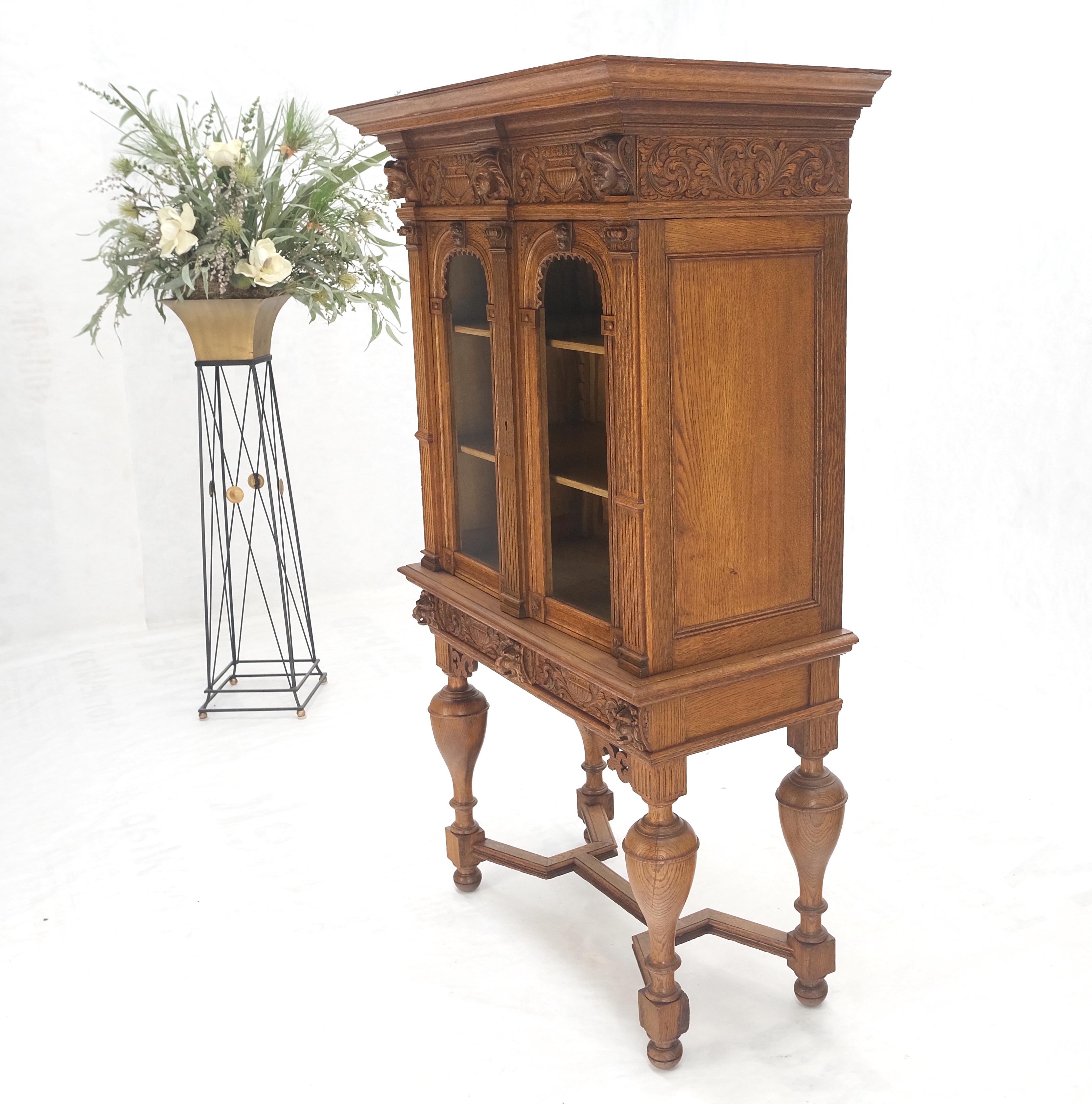 American Heavily Carved Oak Faces Urns Motive Two Door China Cabinet c1880s MINT! For Sale