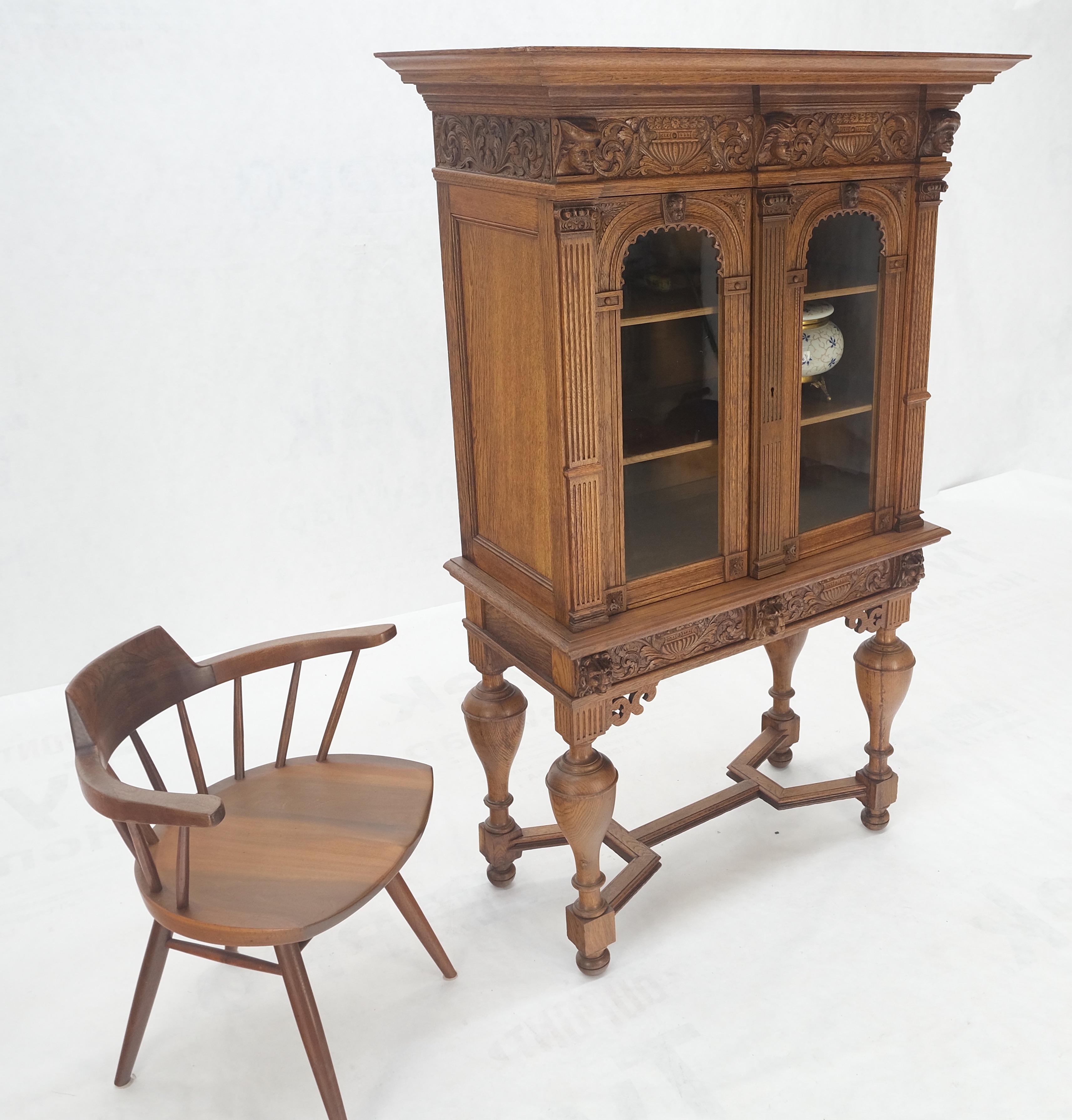 American Heavily Carved Oak Faces Urns Motive Two Door China Cabinet c1880s MINT! For Sale