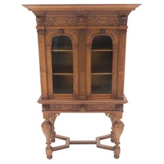 Heavily Carved Oak Faces Urns Motive Two Door China Cabinet c1880s MINT!