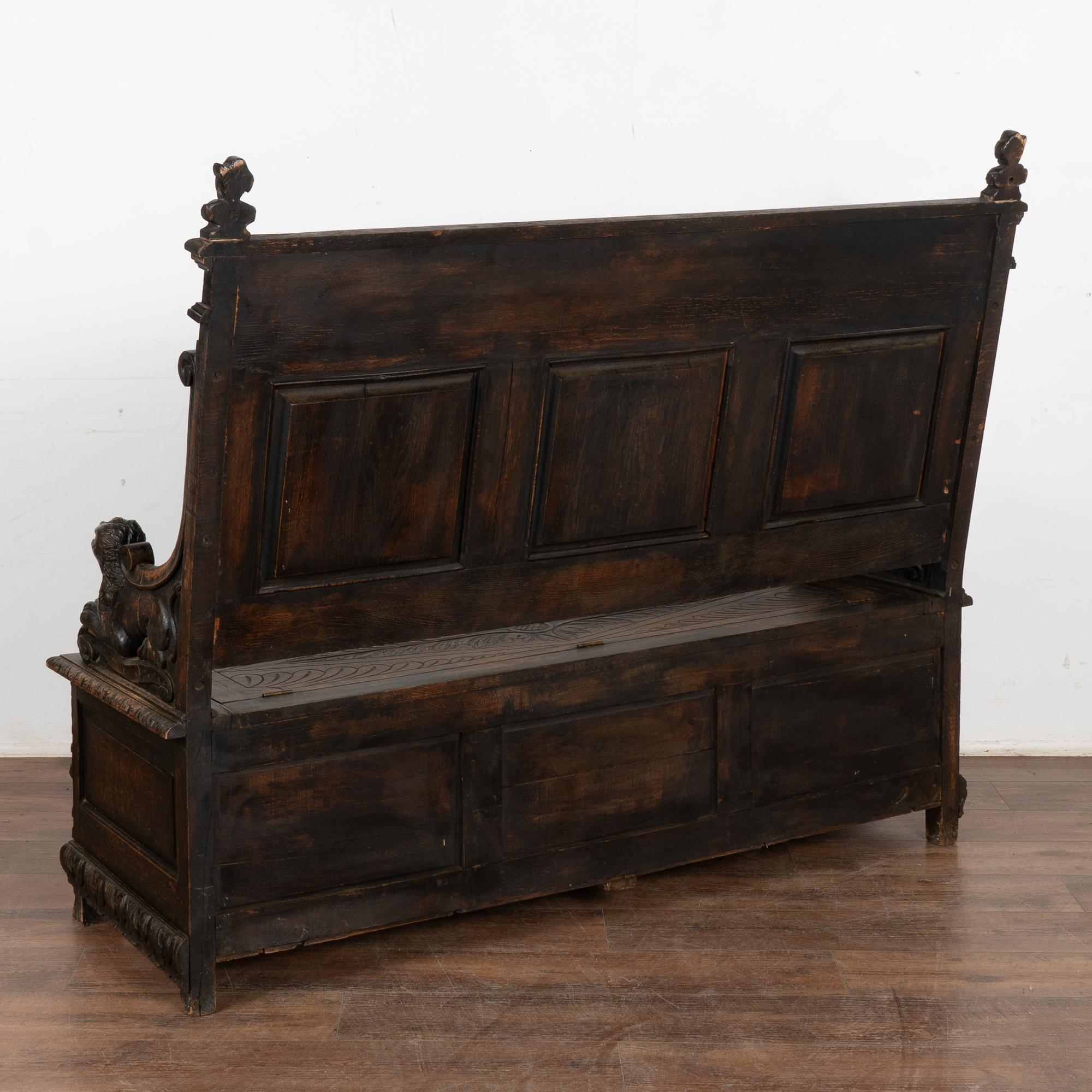 Heavily Carved Oak High Back Bench with Storage, Denmark circa 1870-1900 5