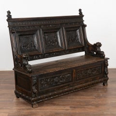 Heavily Carved Oak High Back Bench with Storage, Denmark circa 1870-1900