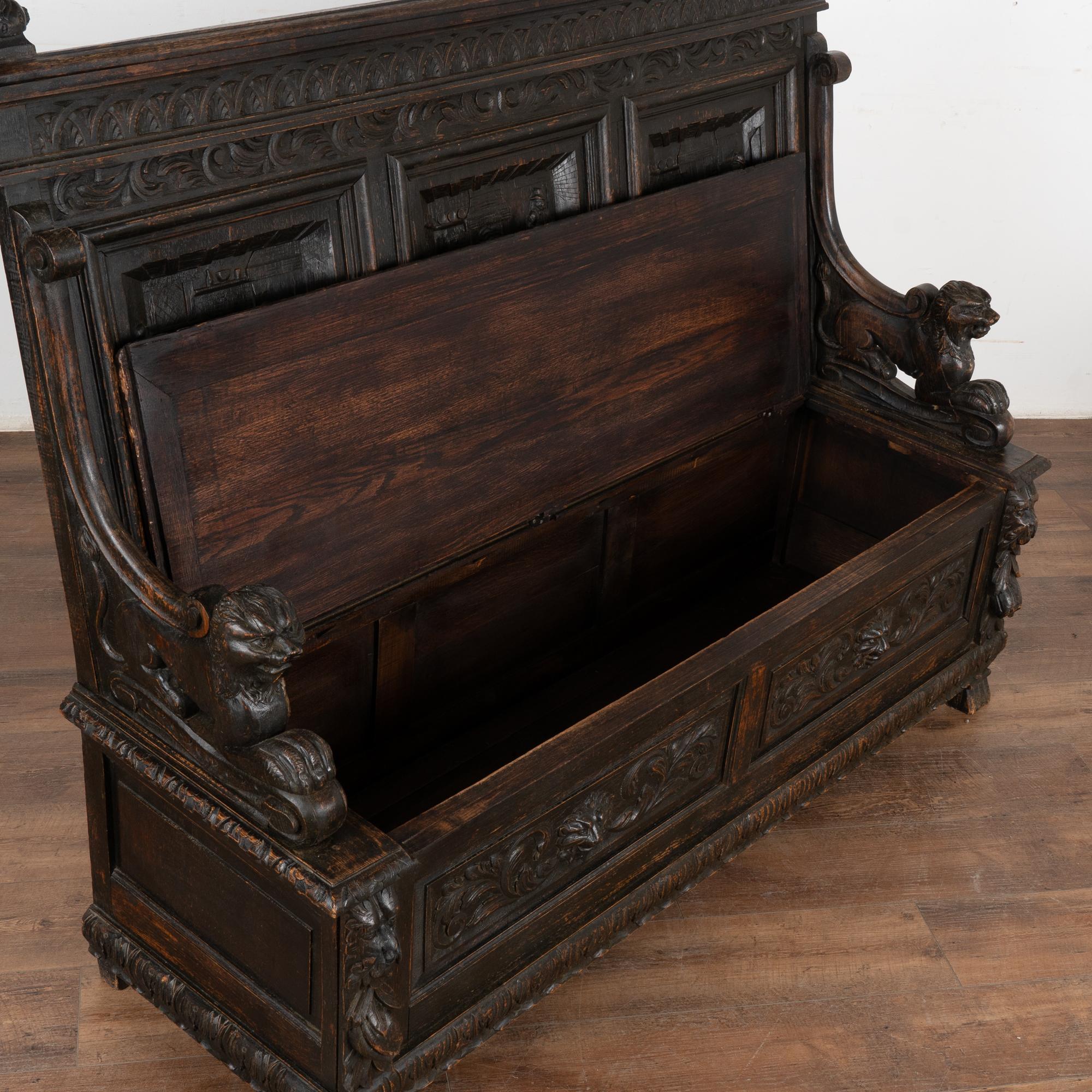 Renaissance Revival Heavily Carved Oak High Back Bench with Storage, Denmark circa 1870-1900