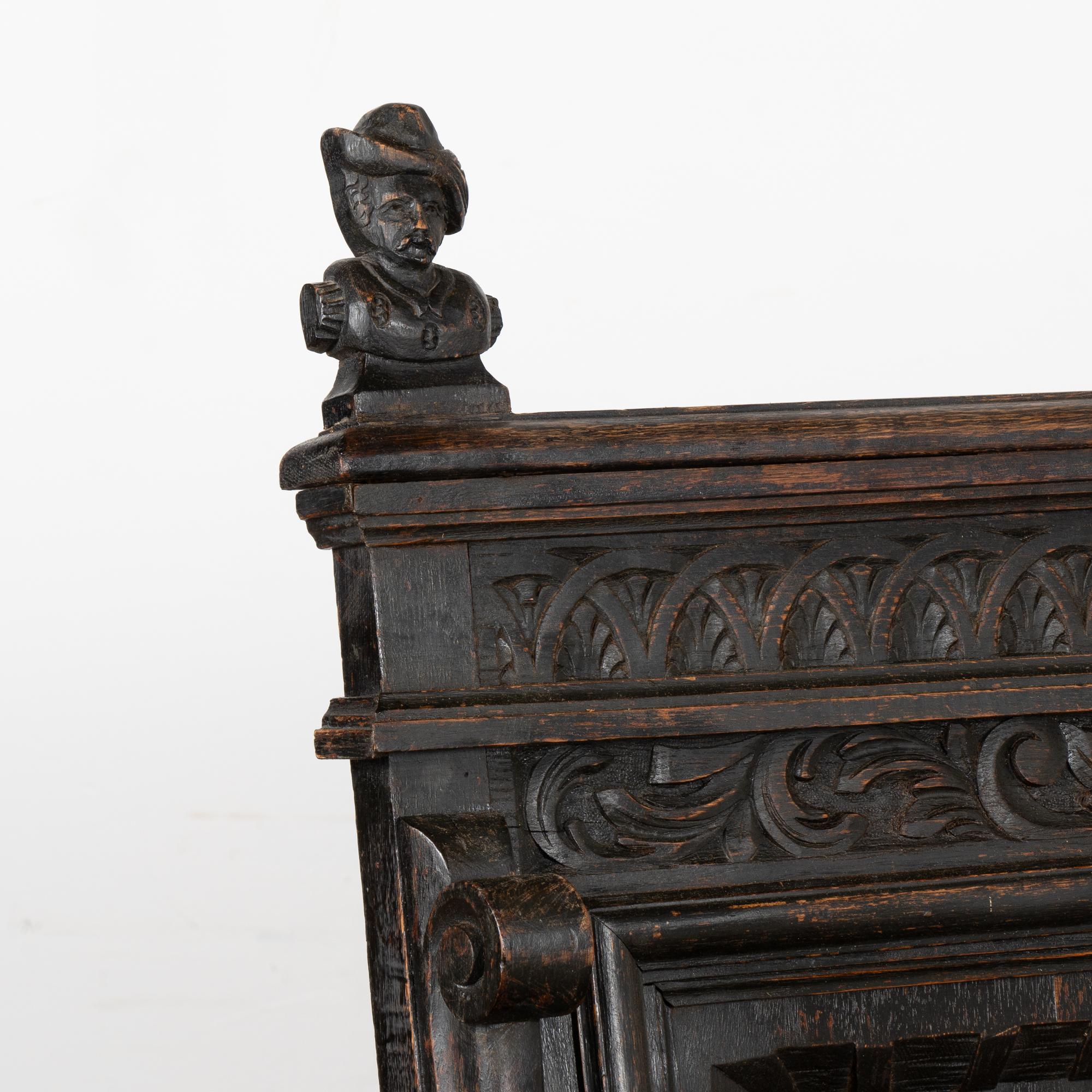 Danish Heavily Carved Oak High Back Bench with Storage, Denmark circa 1870-1900